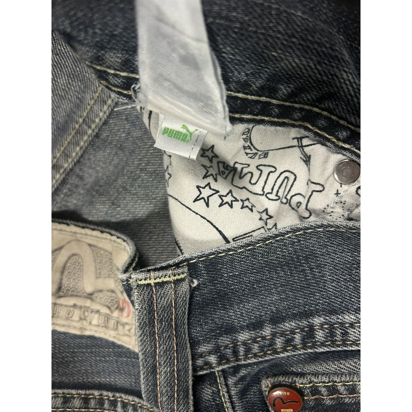 Evisu x Puma jeans vintage grey bootcut mint seagulls
