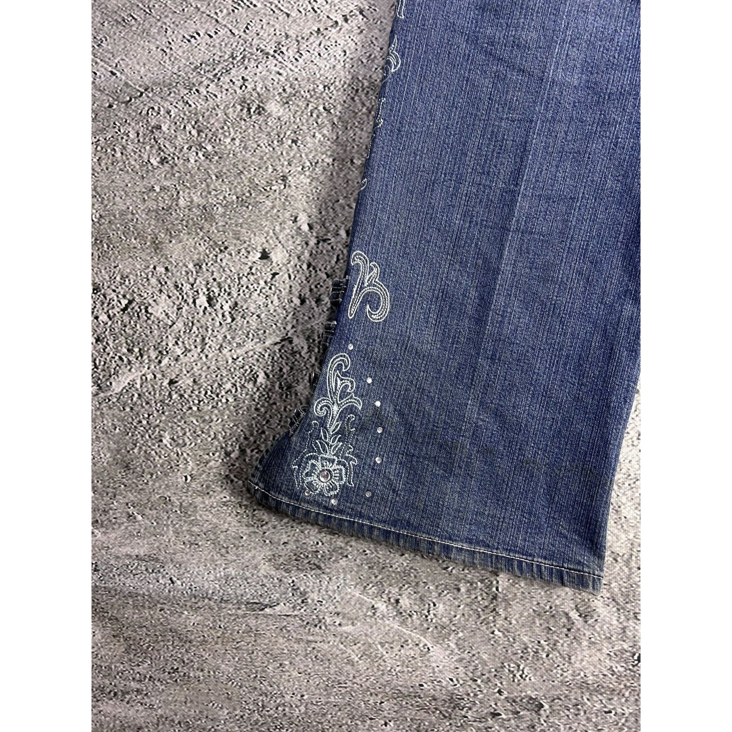 Y2K jeans flared floral embroidery rhinestone
