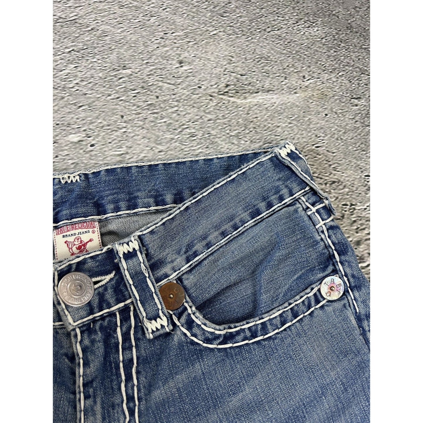 True Religion baby blue jeans white thick stitching Bobby