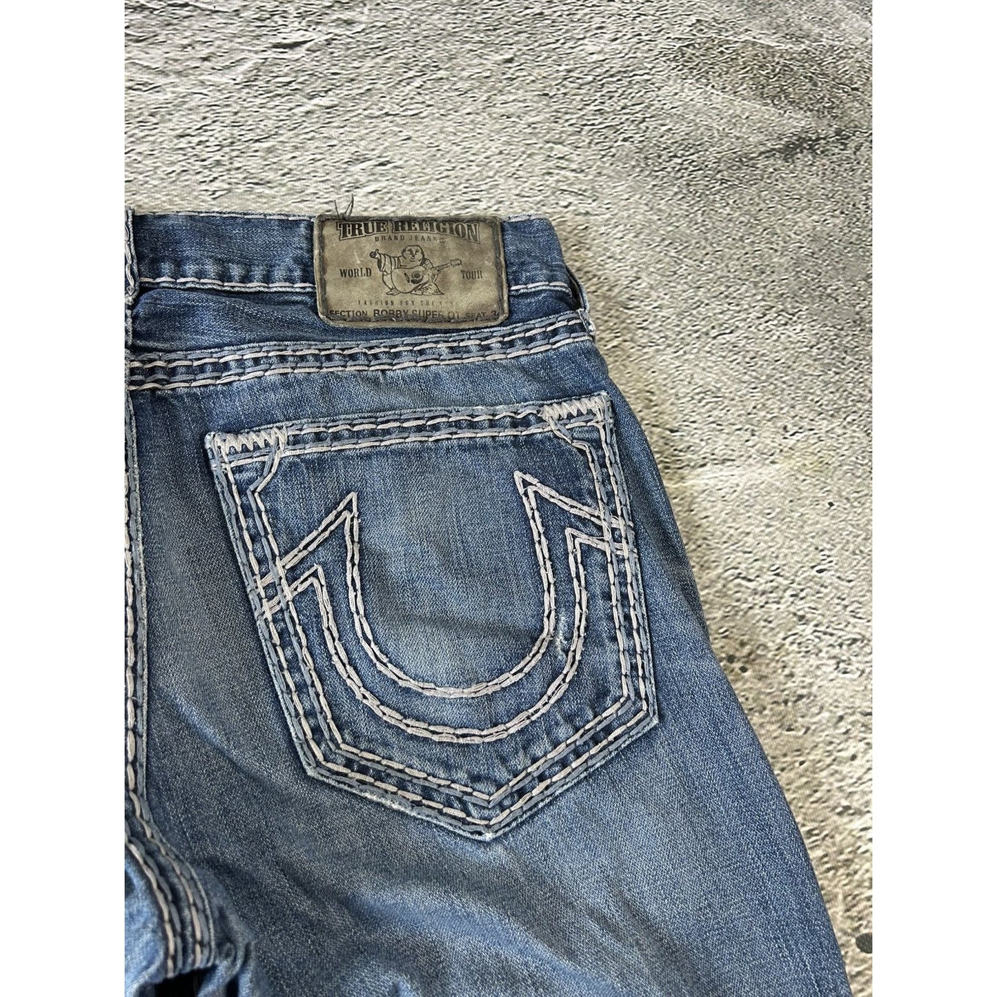 True Religion jeans blue white thick stitching Bobby Y2K