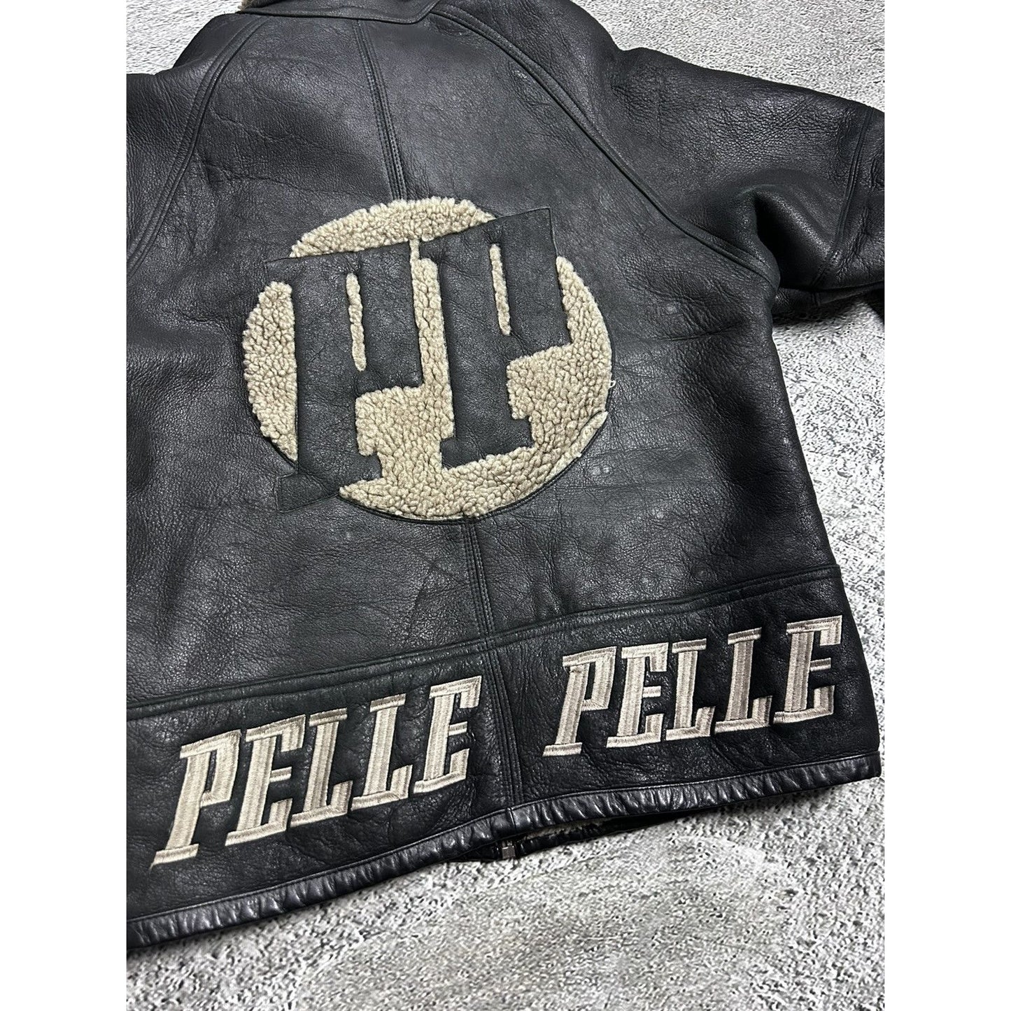 Pelle Pelle leather jacket sherpa fur black big logo 90s