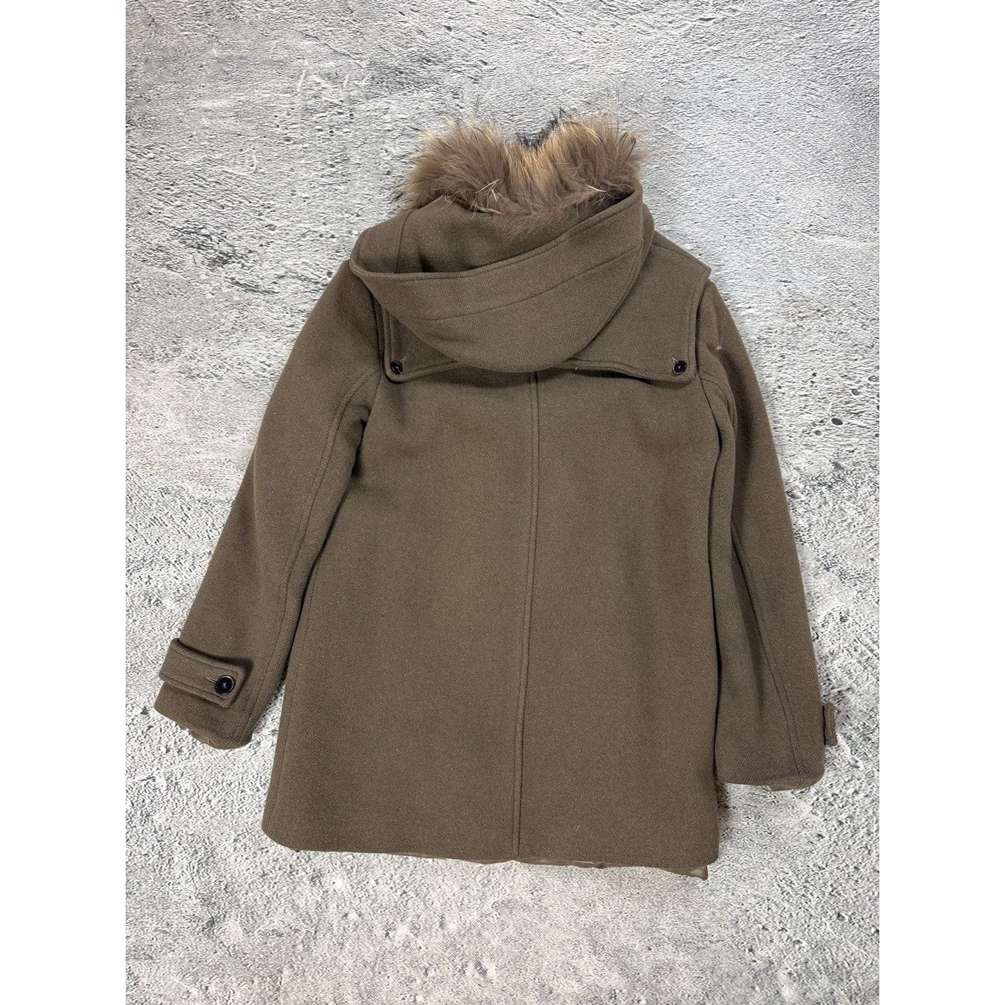 Sandro coat heavy wool khaki green hooded with fur