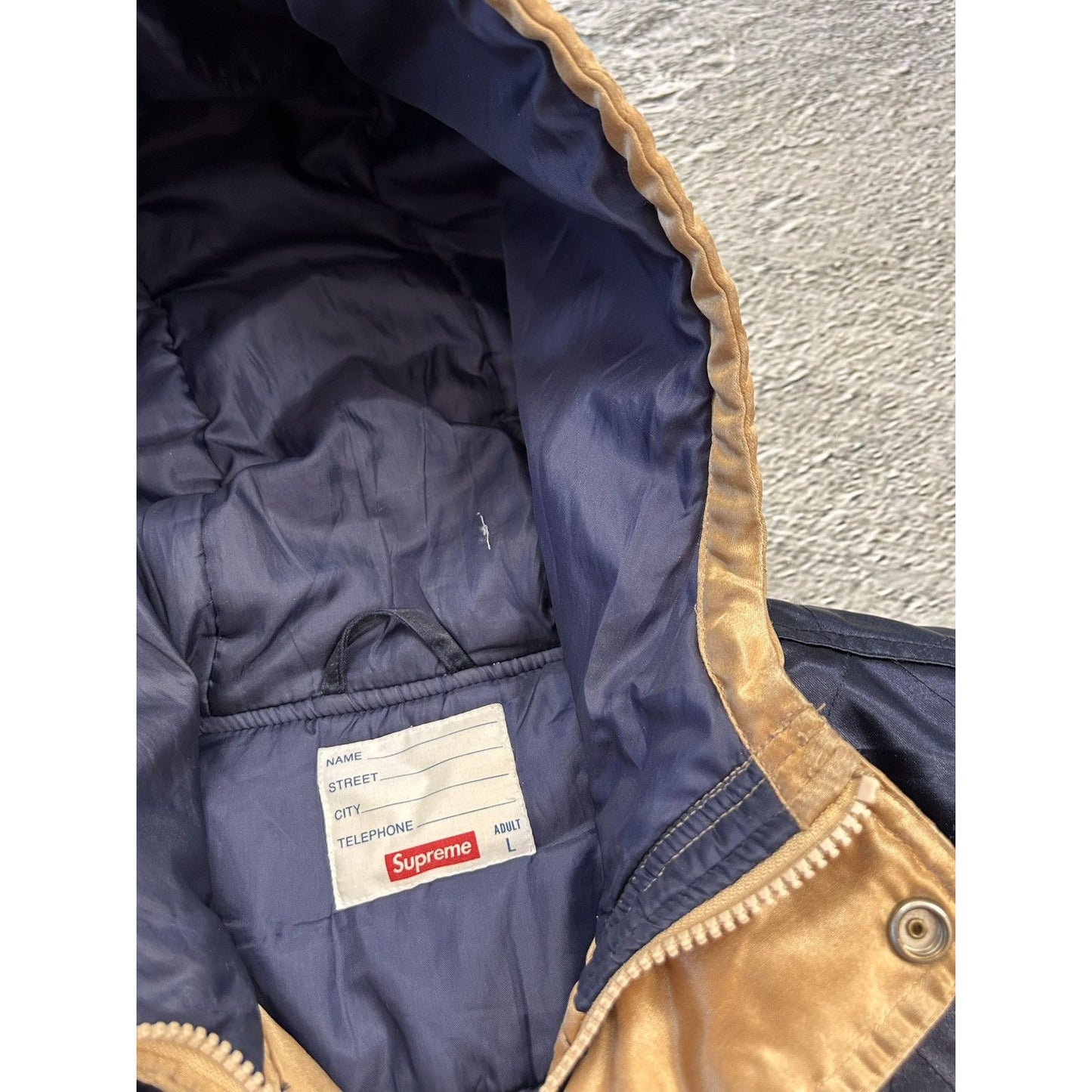 Supreme Quilted Satin Gold/Navy Parka Jacket Big Logo AW14