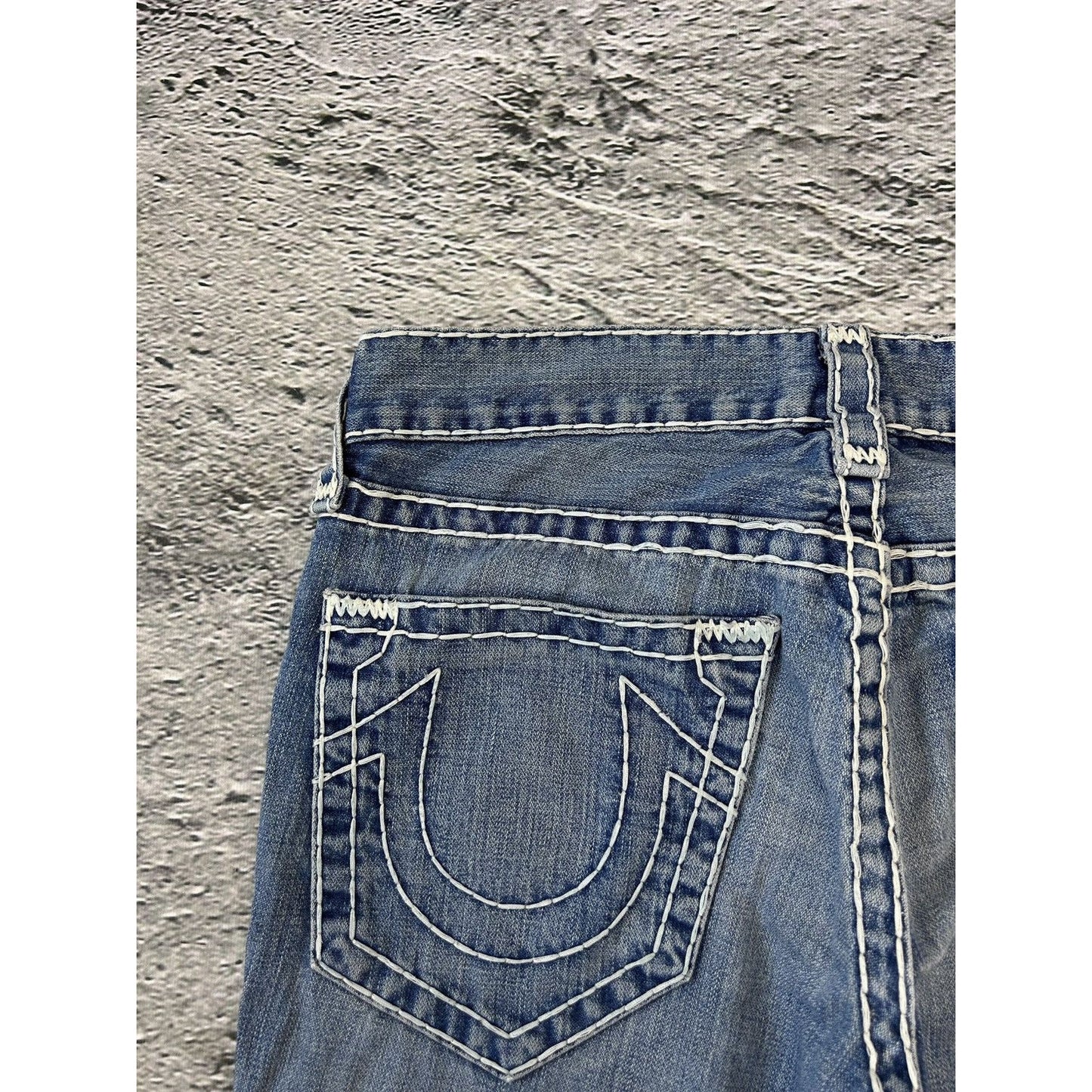 True Religion baby blue jeans white thick stitching Bobby