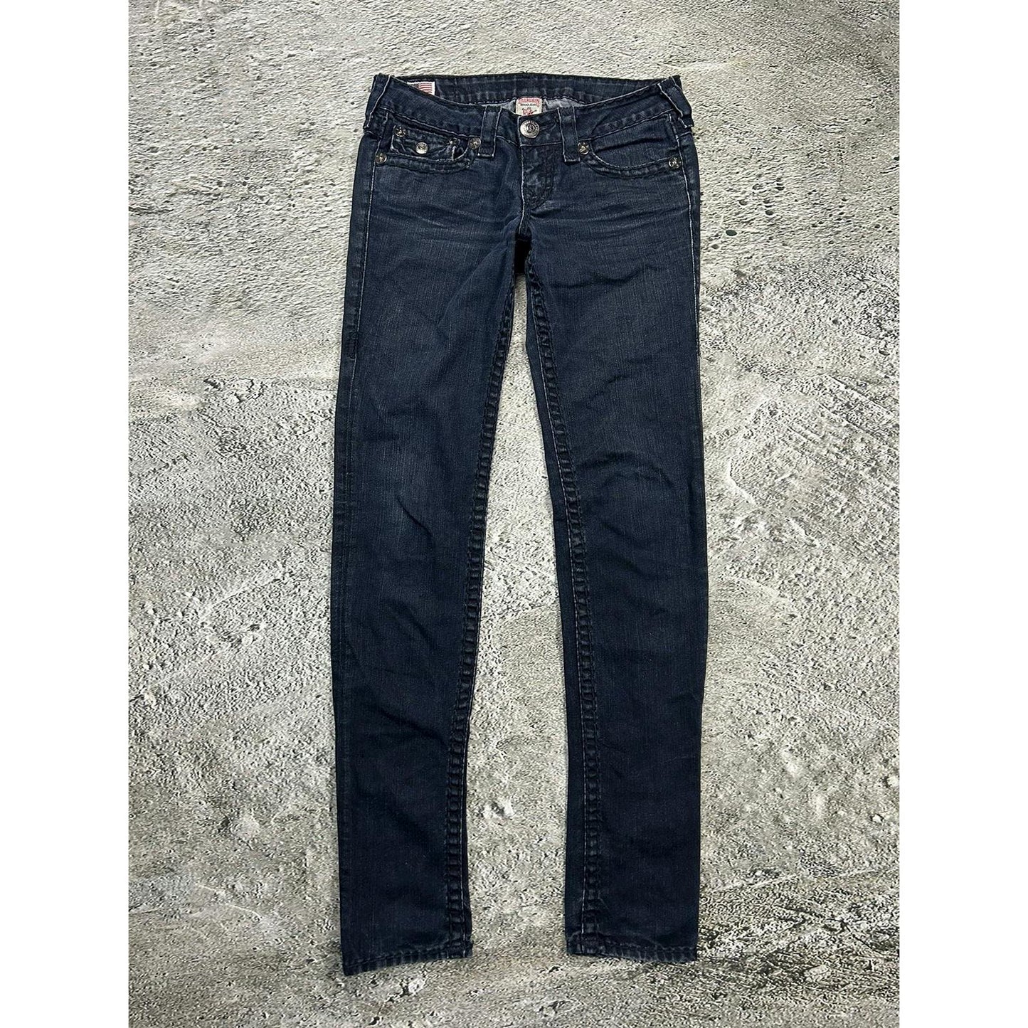 True Religion slim jeans navy black thick stitching Y2K