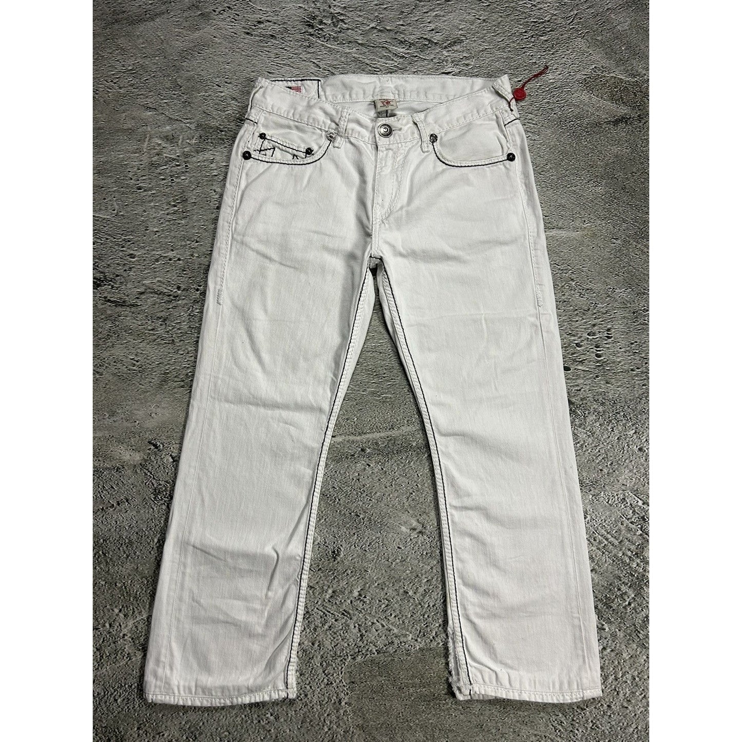 True Religion vintage white jeans denim black stitching Y2K