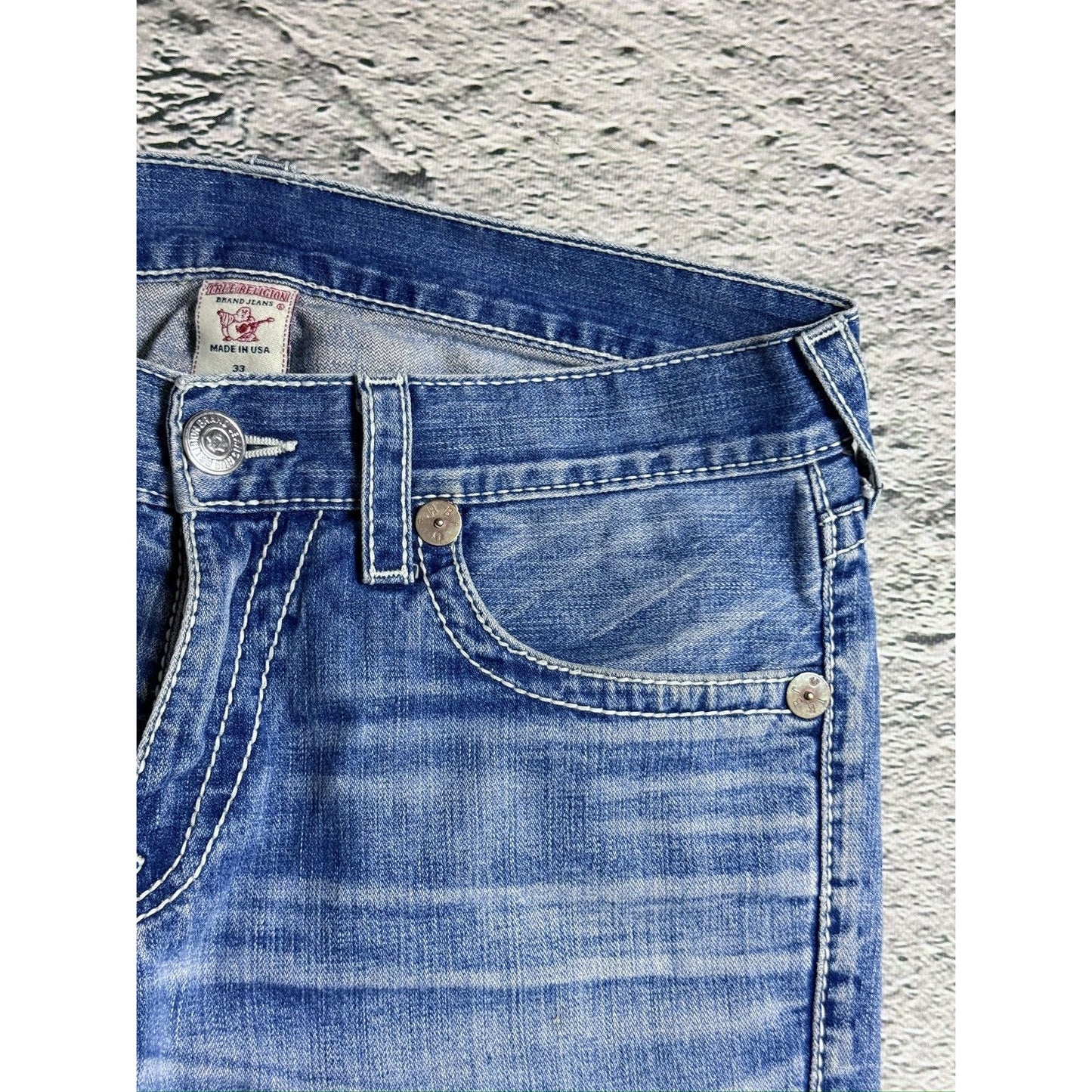 True Religion jeans Rainbow Bobby baby blue white stitch