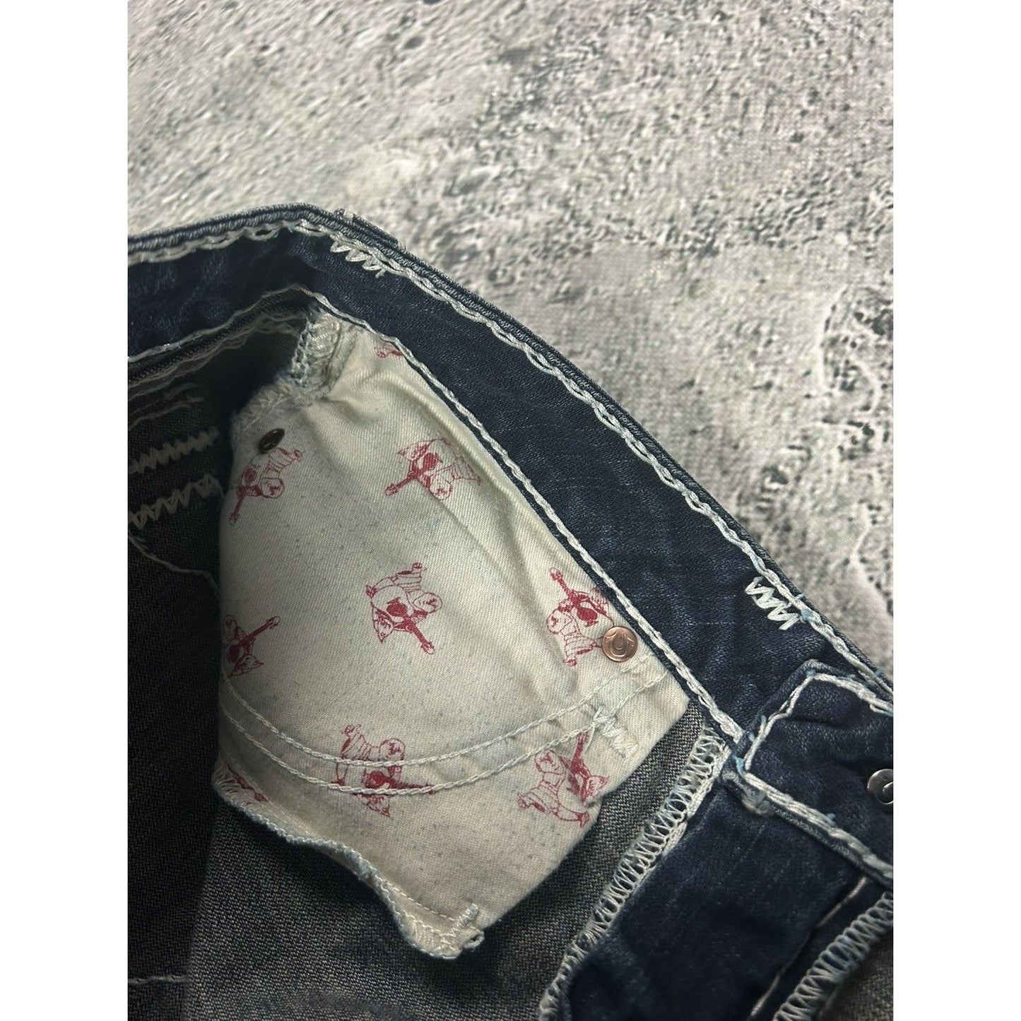 True Religion navy blue jeans white thick stitching Billy