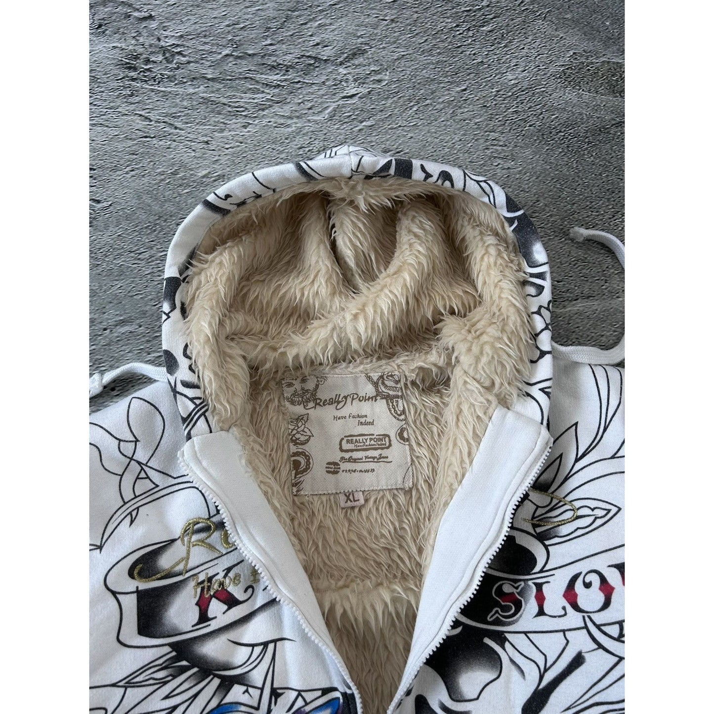 Really Point Y2K vintage zip hoodie white fur Ed Hardy