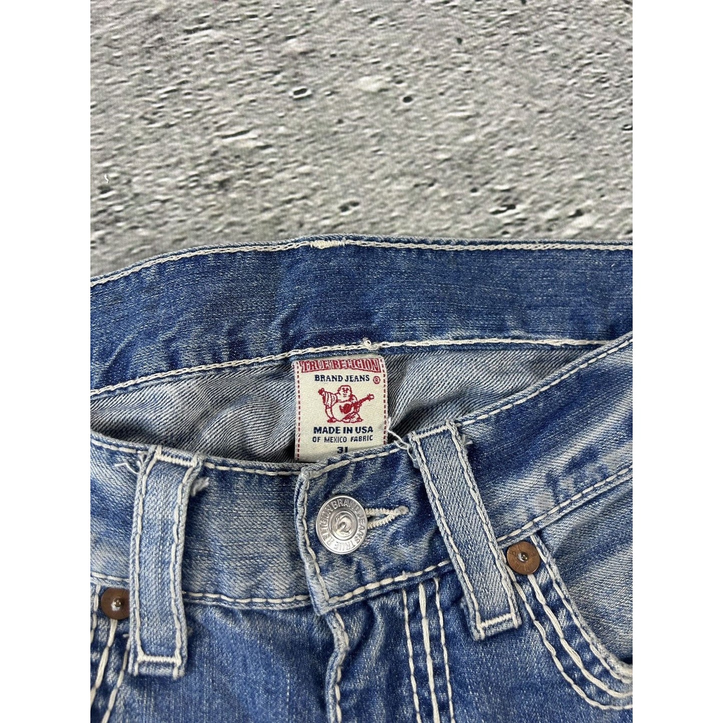 True Religion baby blue jeans white thick stitching straight