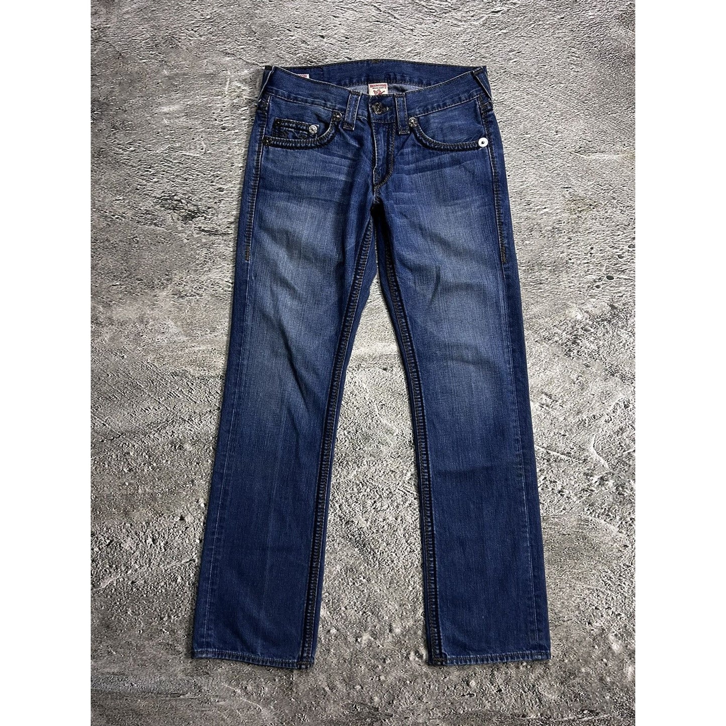 True Religion navy jeans black thick stitching Bobby