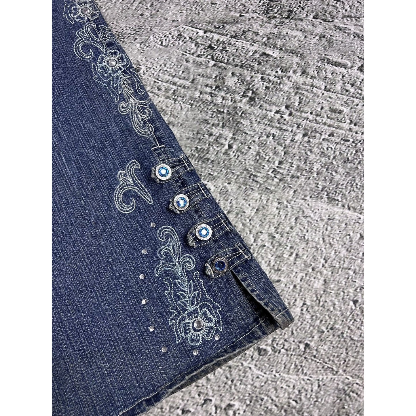 Y2K jeans flared floral embroidery rhinestone