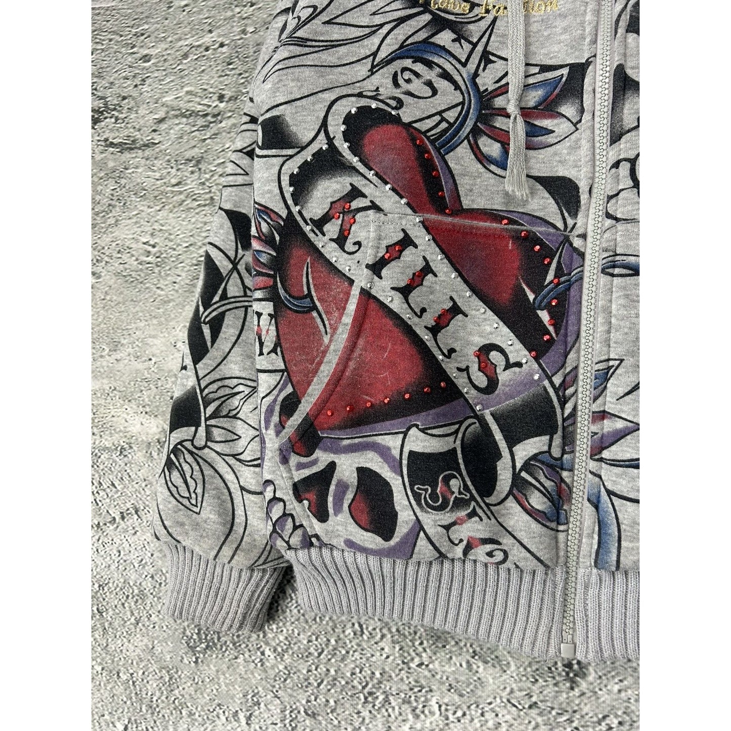 Really Point Y2K vintage zip hoodie grey fur Ed Hardy
