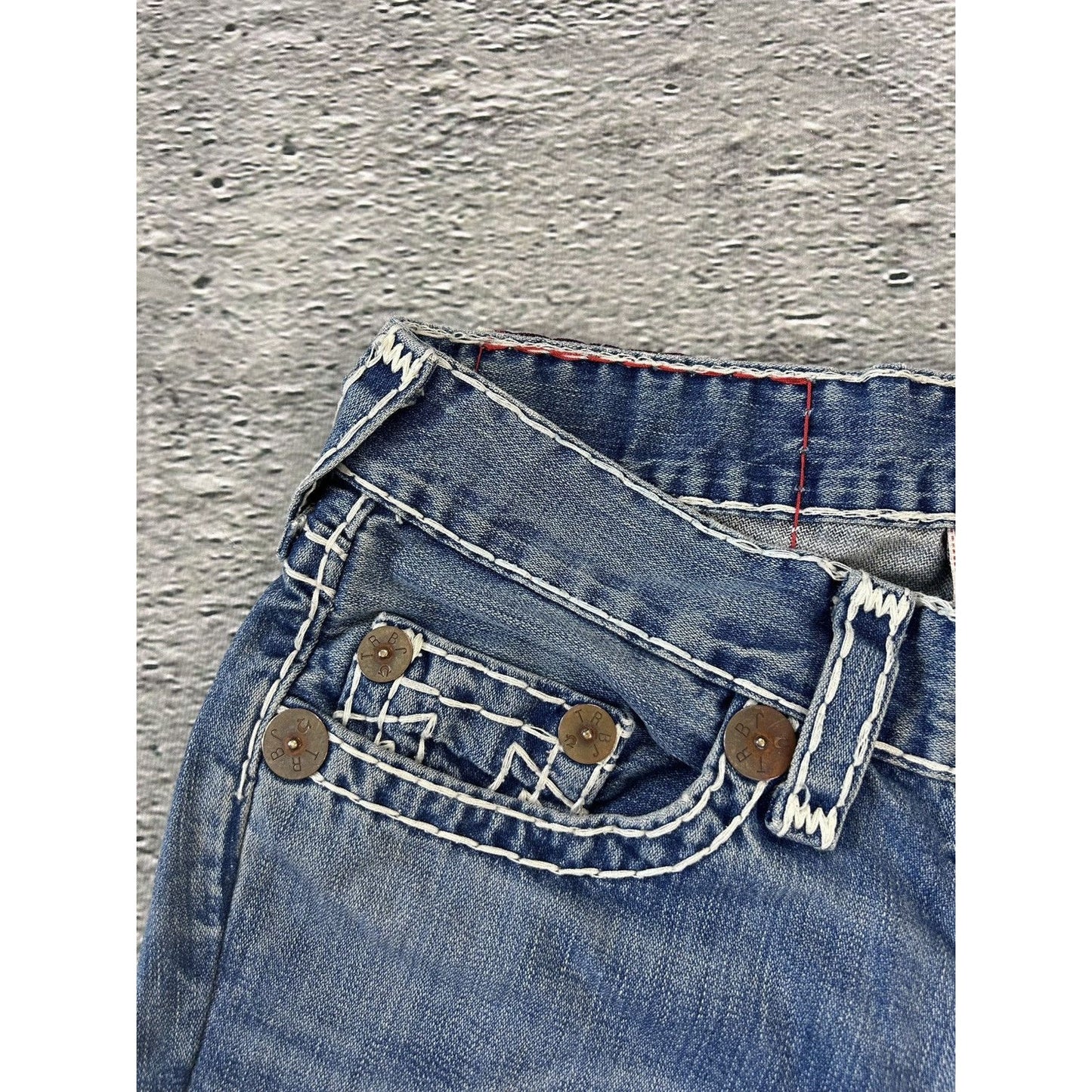True Religion baby blue jeans white thick stitching Bobby