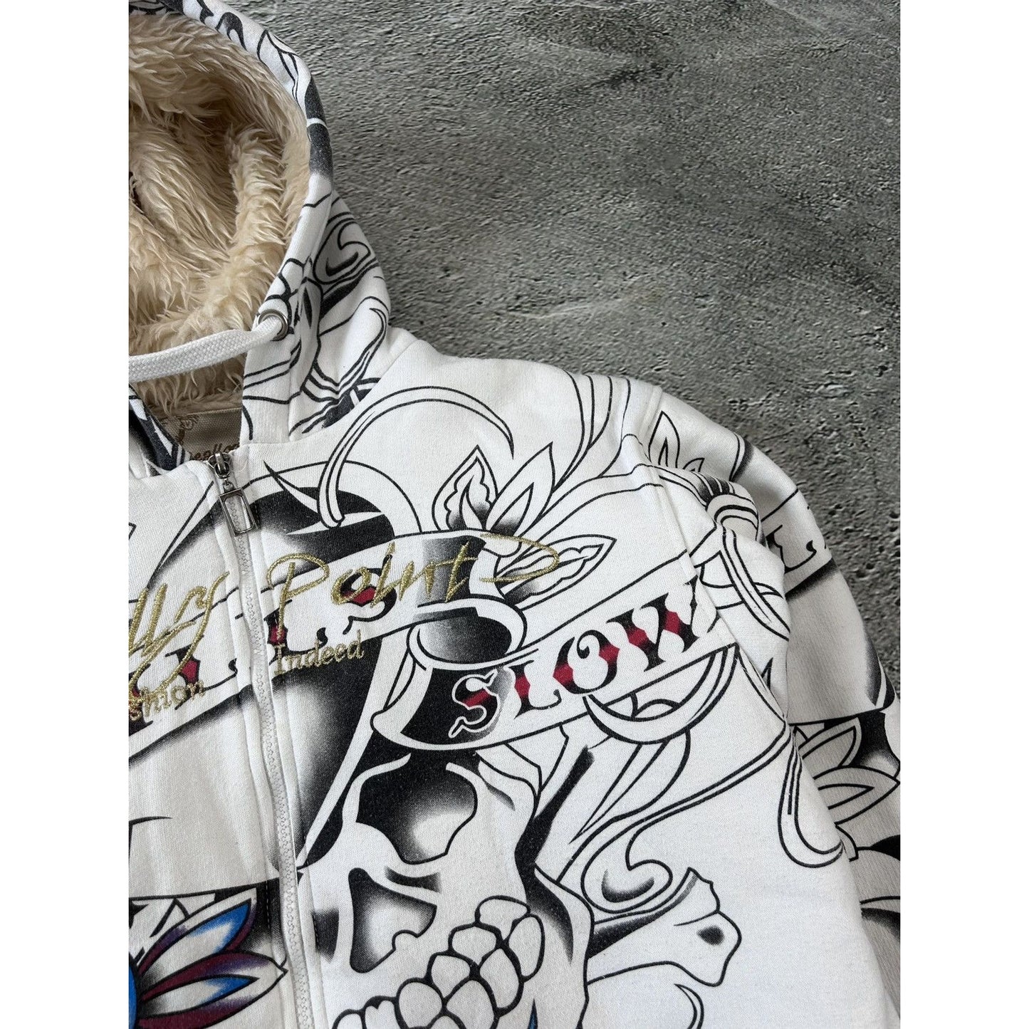 Really Point Y2K vintage zip hoodie white fur Ed Hardy