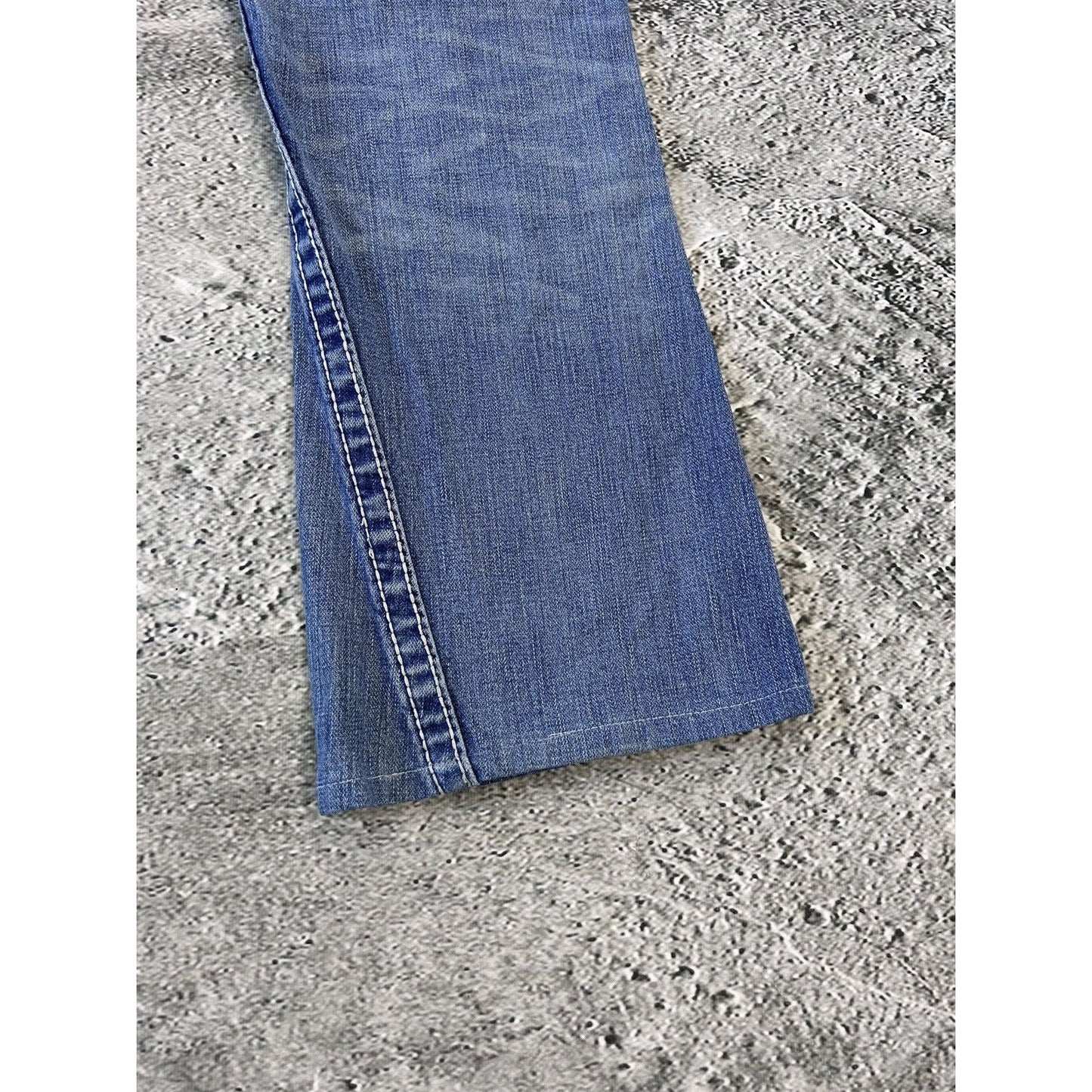 True Religion baby blue jeans white stitching Y2K bootcut
