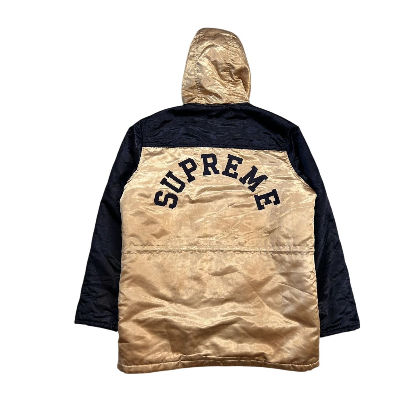 Supreme Quilted Satin Gold/Navy Parka Jacket Big Logo AW14