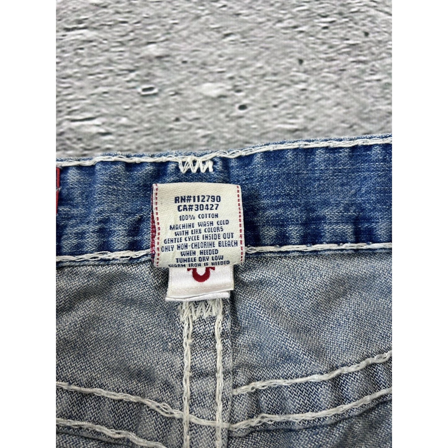 True Religion baby blue jeans white thick stitching Bobby