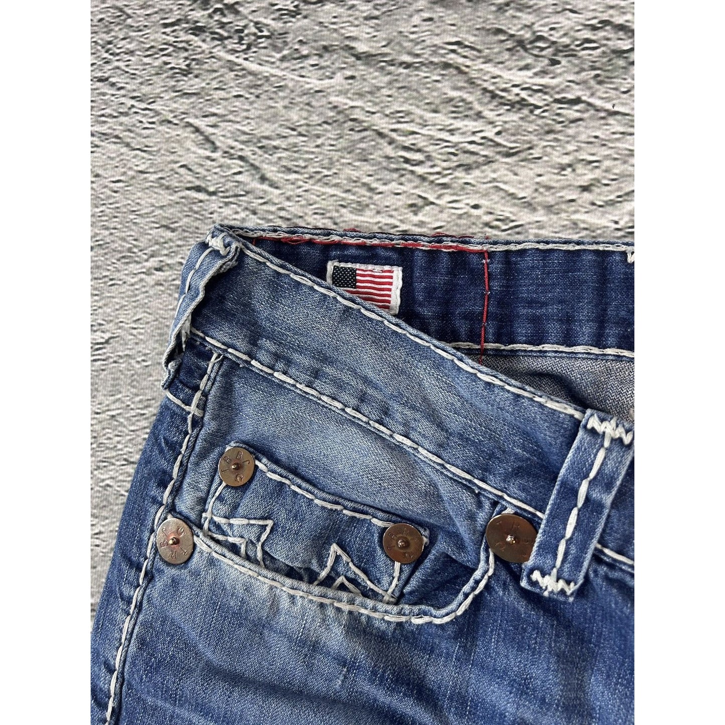 True Religion Blue jeans white thick stitching Bobby