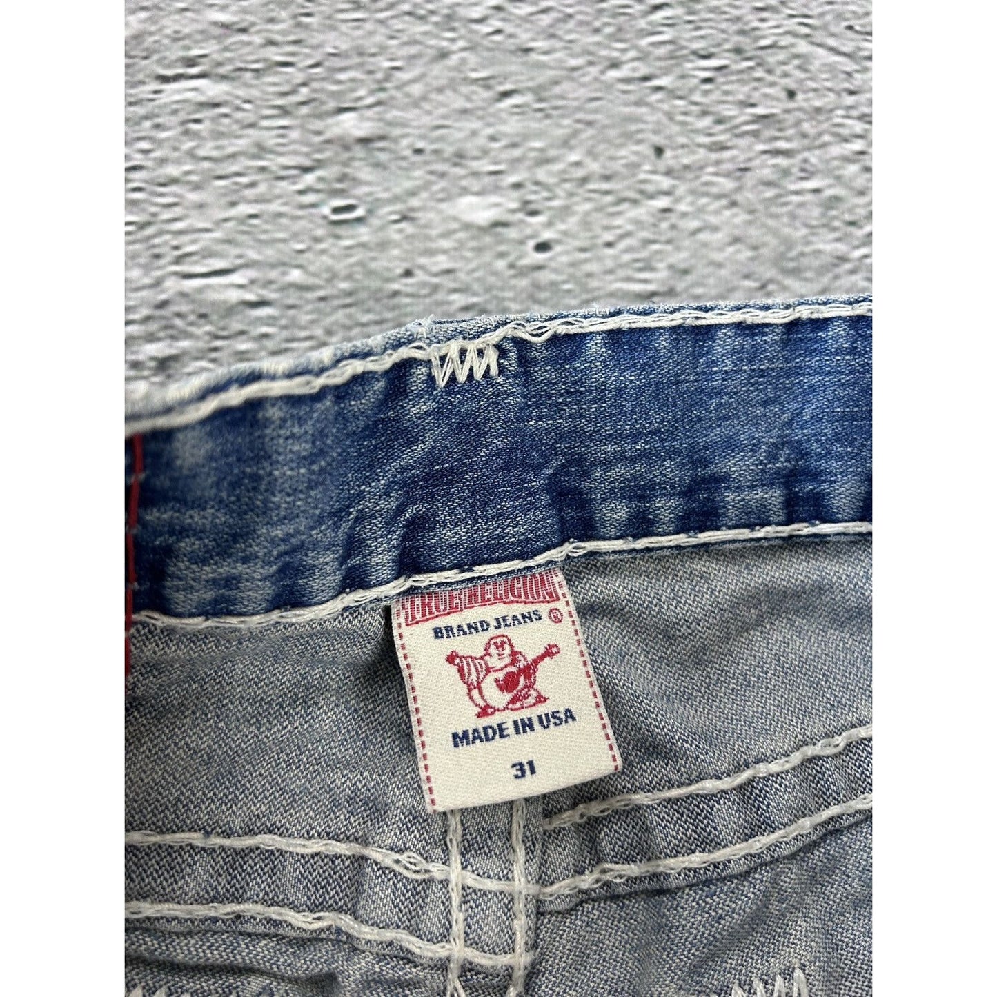 True Religion baby blue jeans white thick stitching Bobby