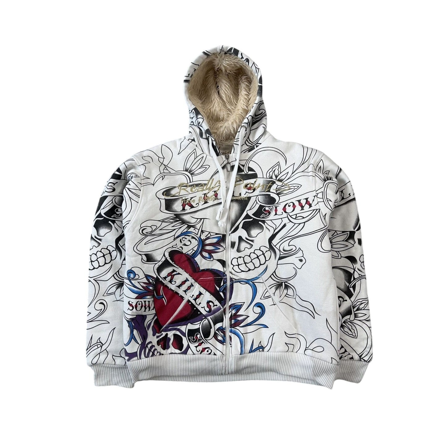 Really Point Y2K vintage zip hoodie white fur Ed Hardy
