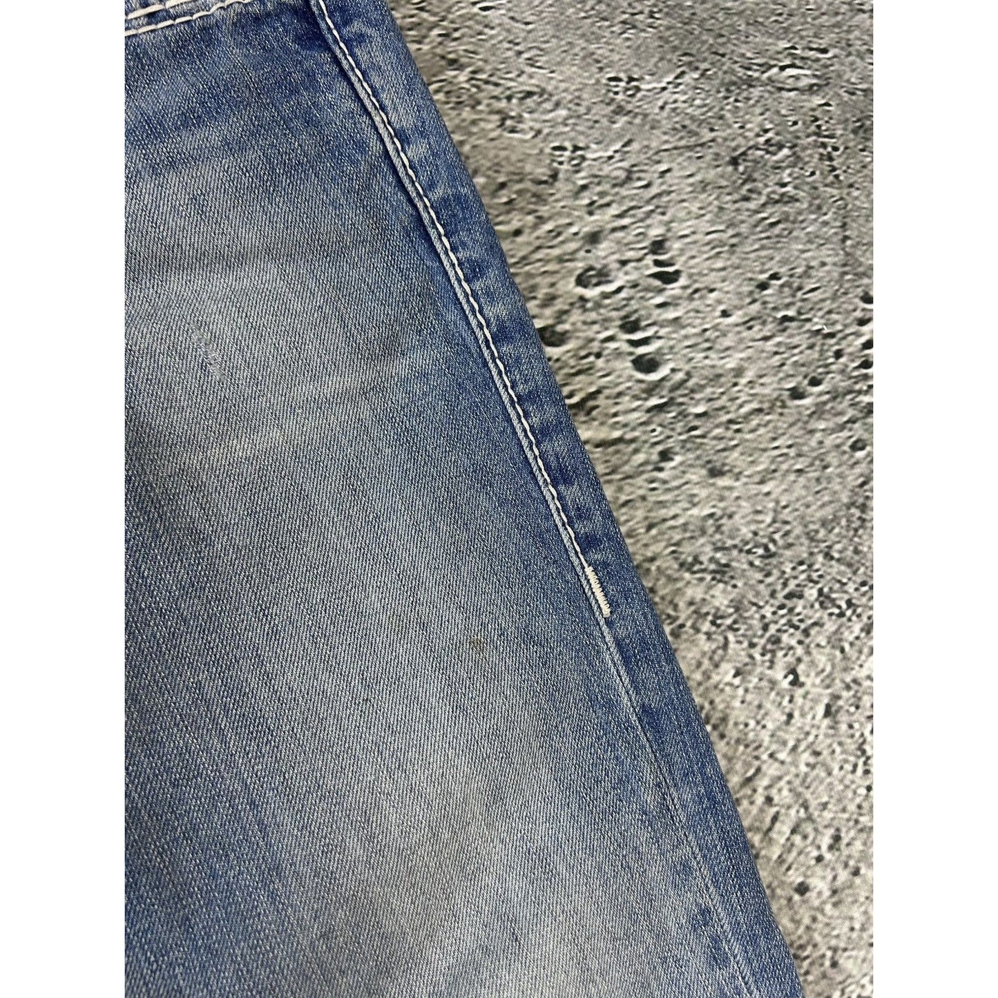 True Religion baby blue jeans white thick stitching straight