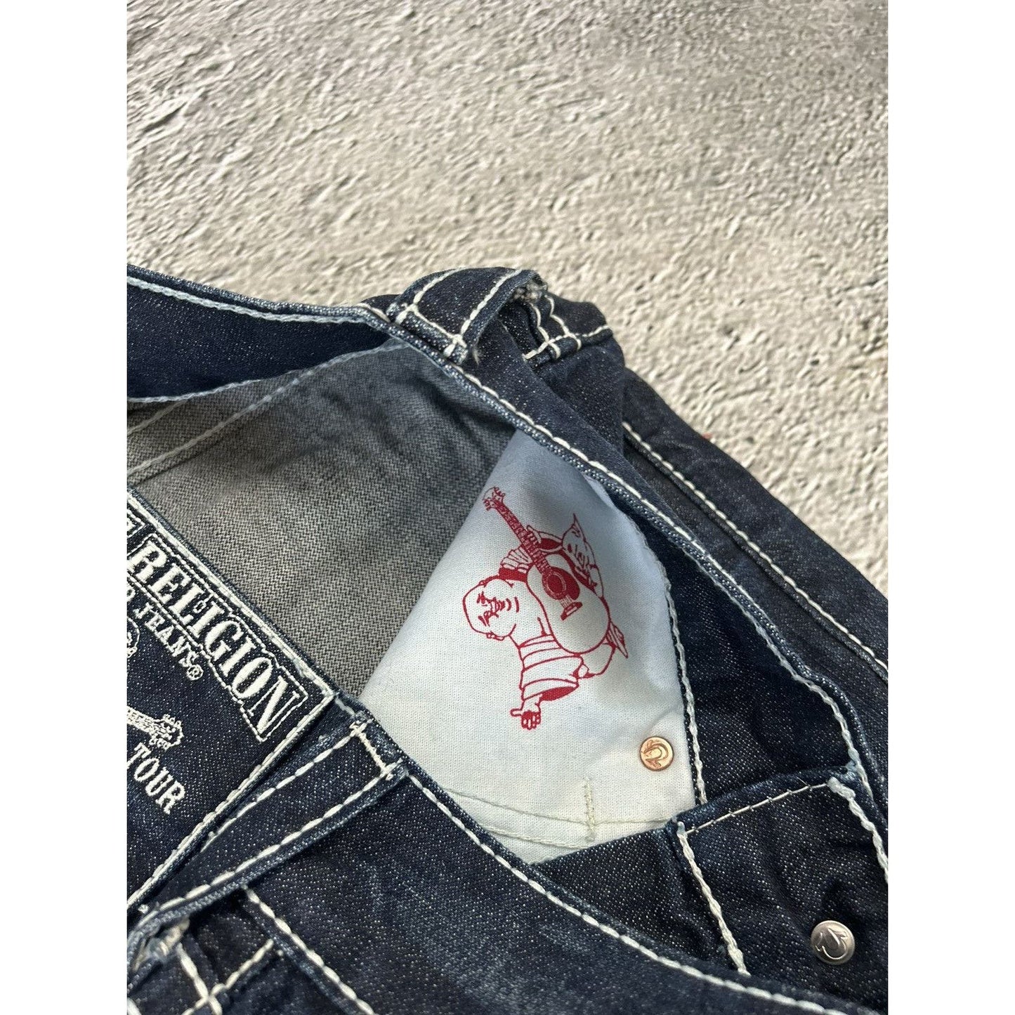 True Religion navy jeans white thick stitching Y2K