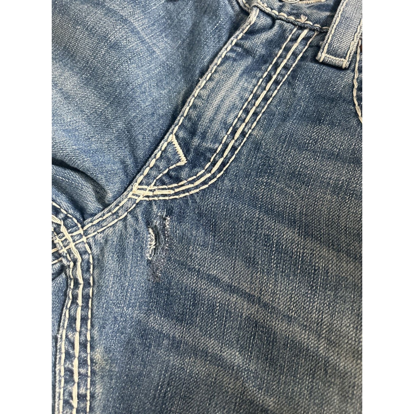 True Religion baby blue jeans white thick stitching straight