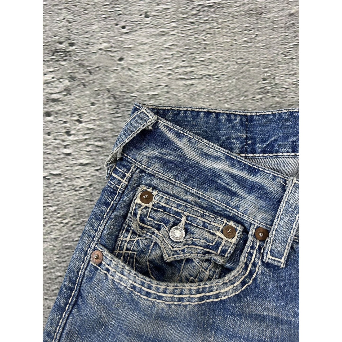 True Religion baby blue jeans white thick stitching straight
