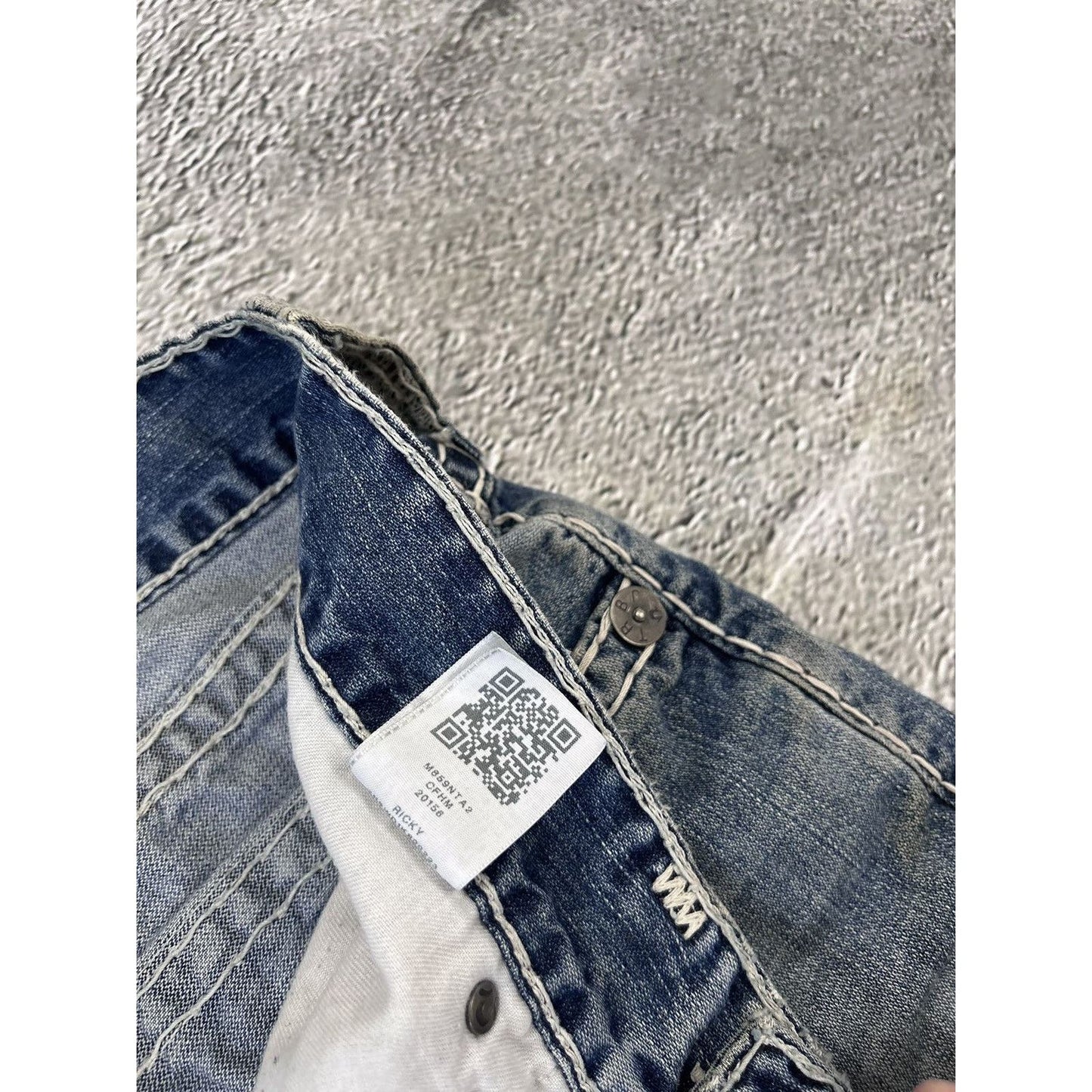 True Religion baby blue jeans white thick stitching Ricky