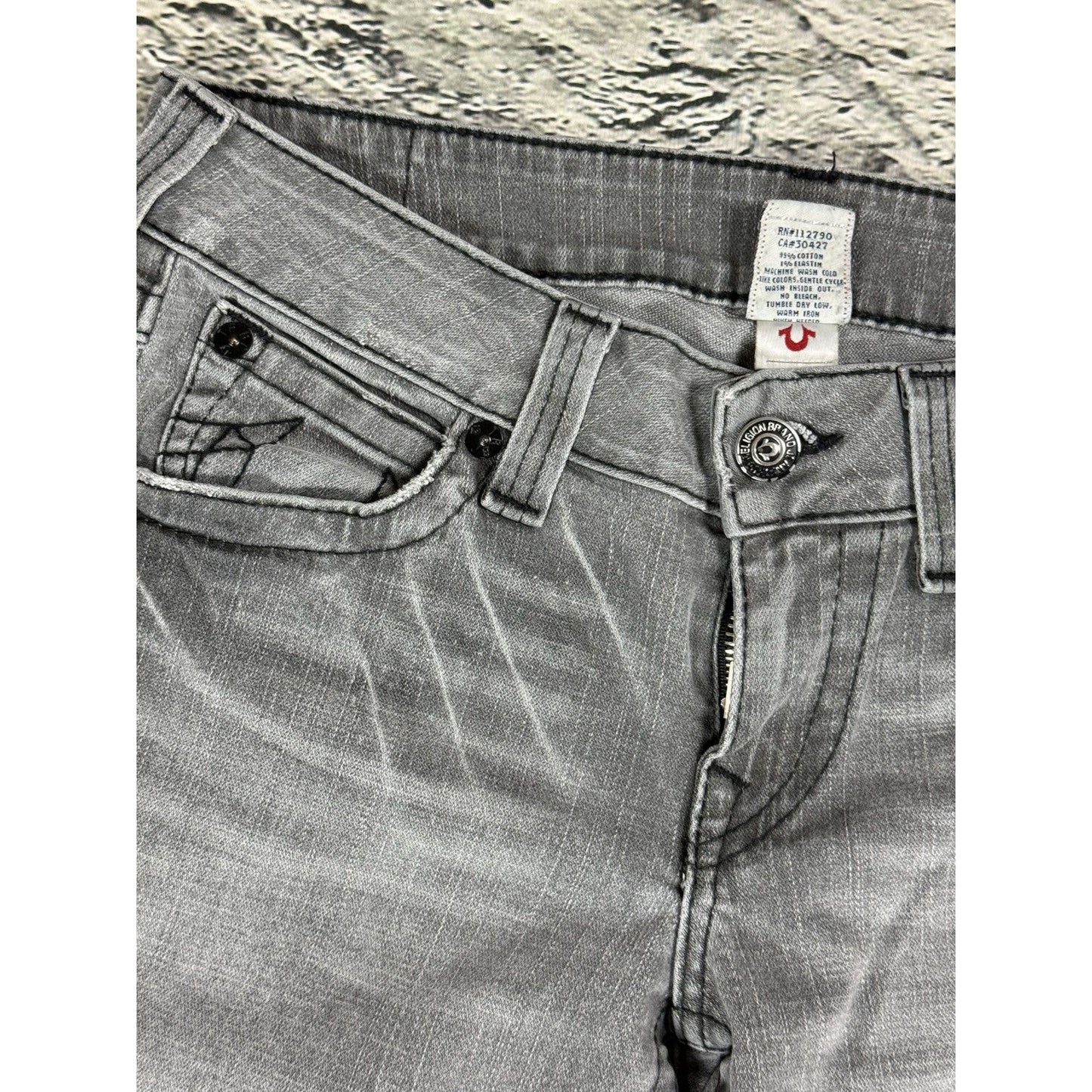 True Religion jeans grey black thick stitching flared Billy