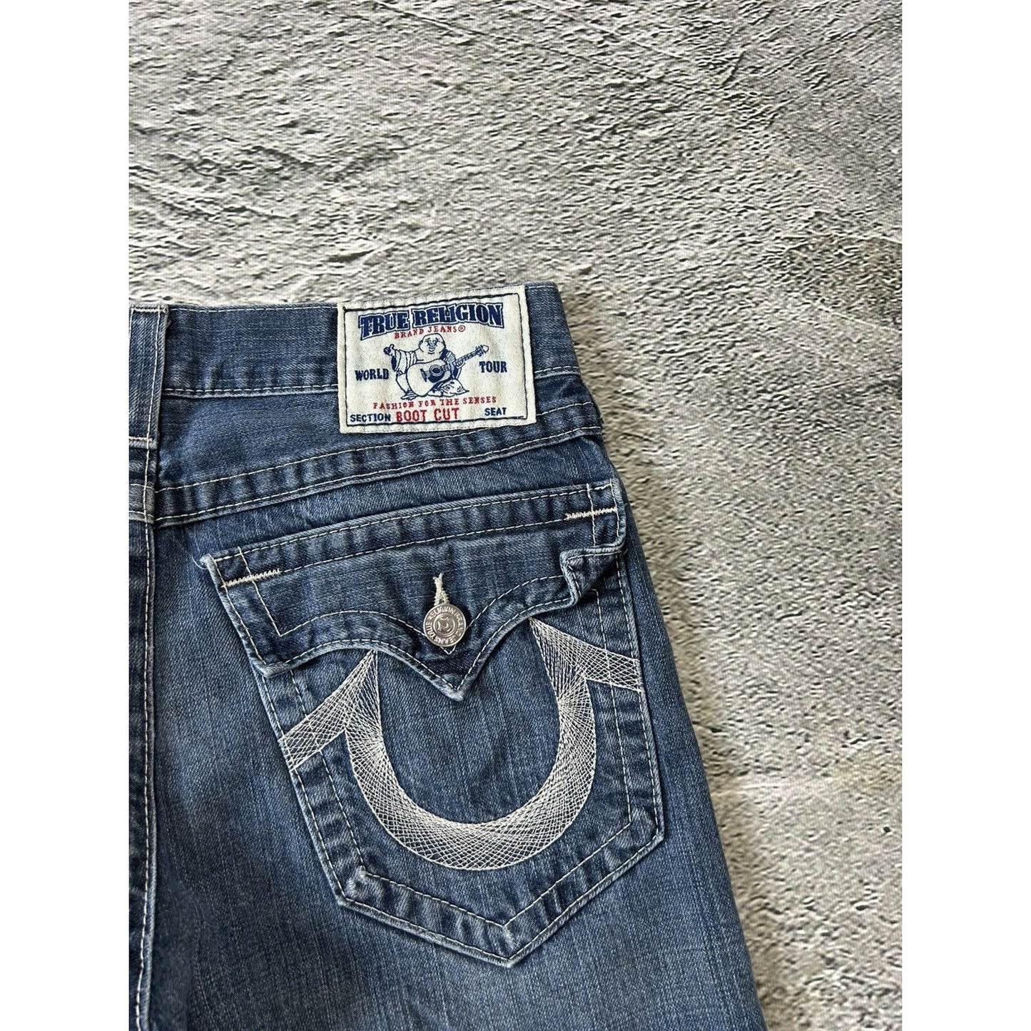 True Religion baby blue jeans white stitching Y2K bootcut