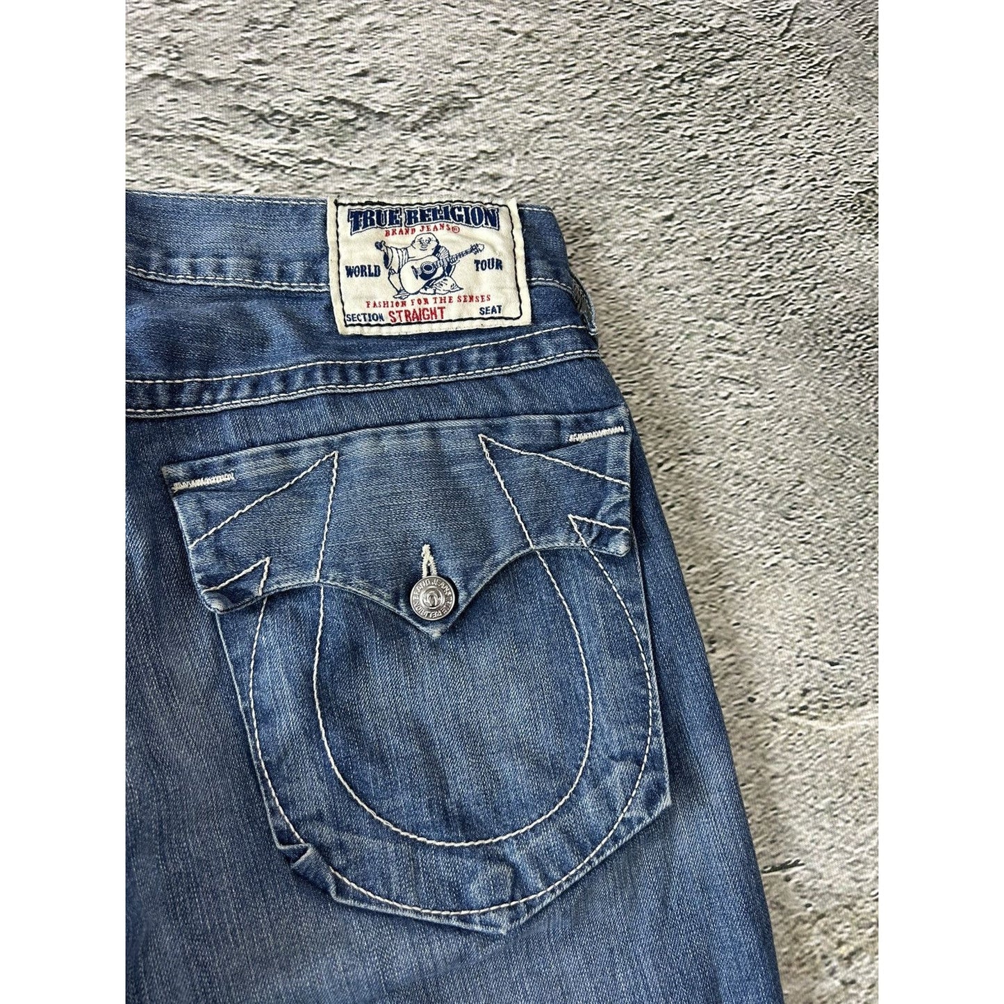 True Religion blue jeans white thick stitching straight Y2K