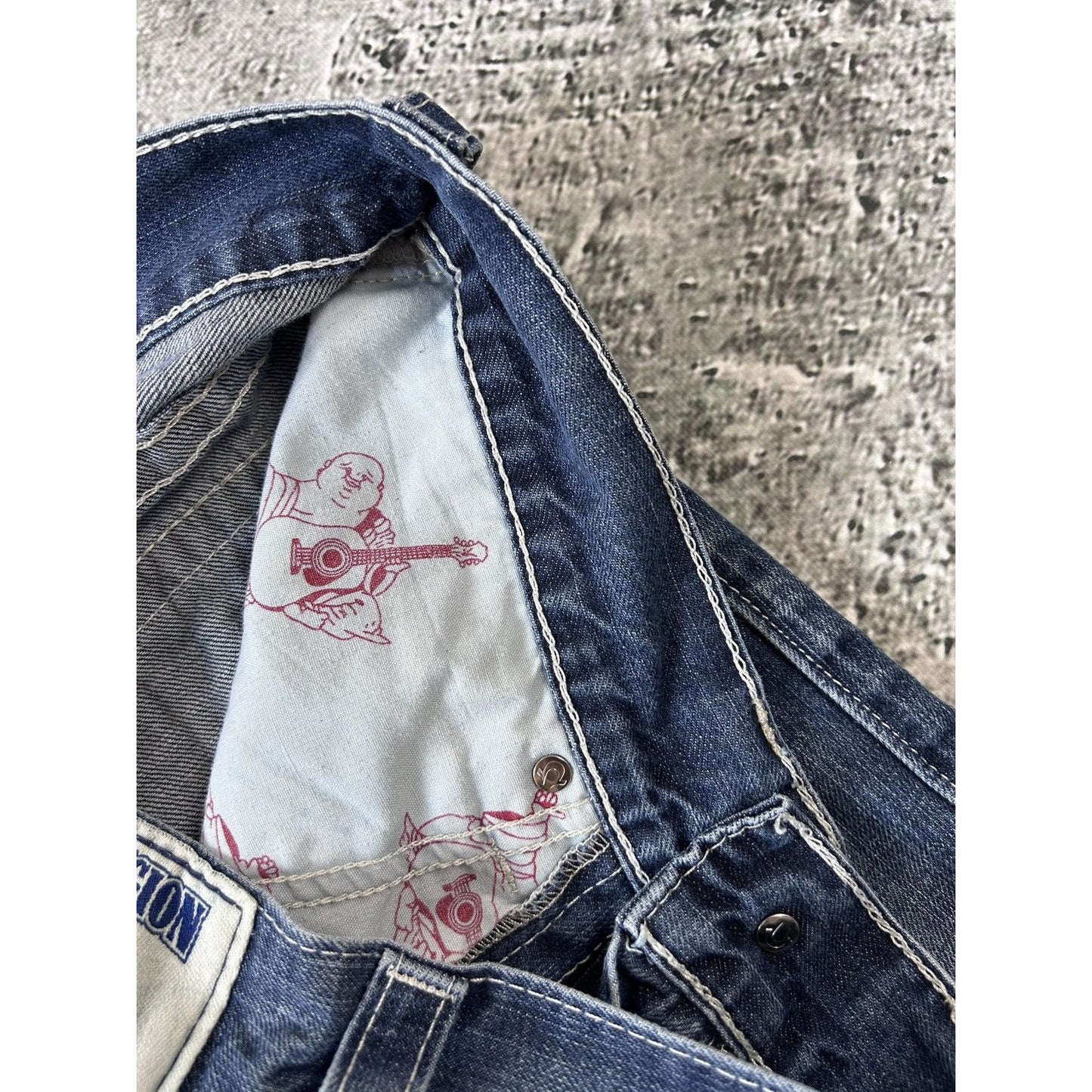 True Religion baby blue jeans white stitching Y2K bootcut