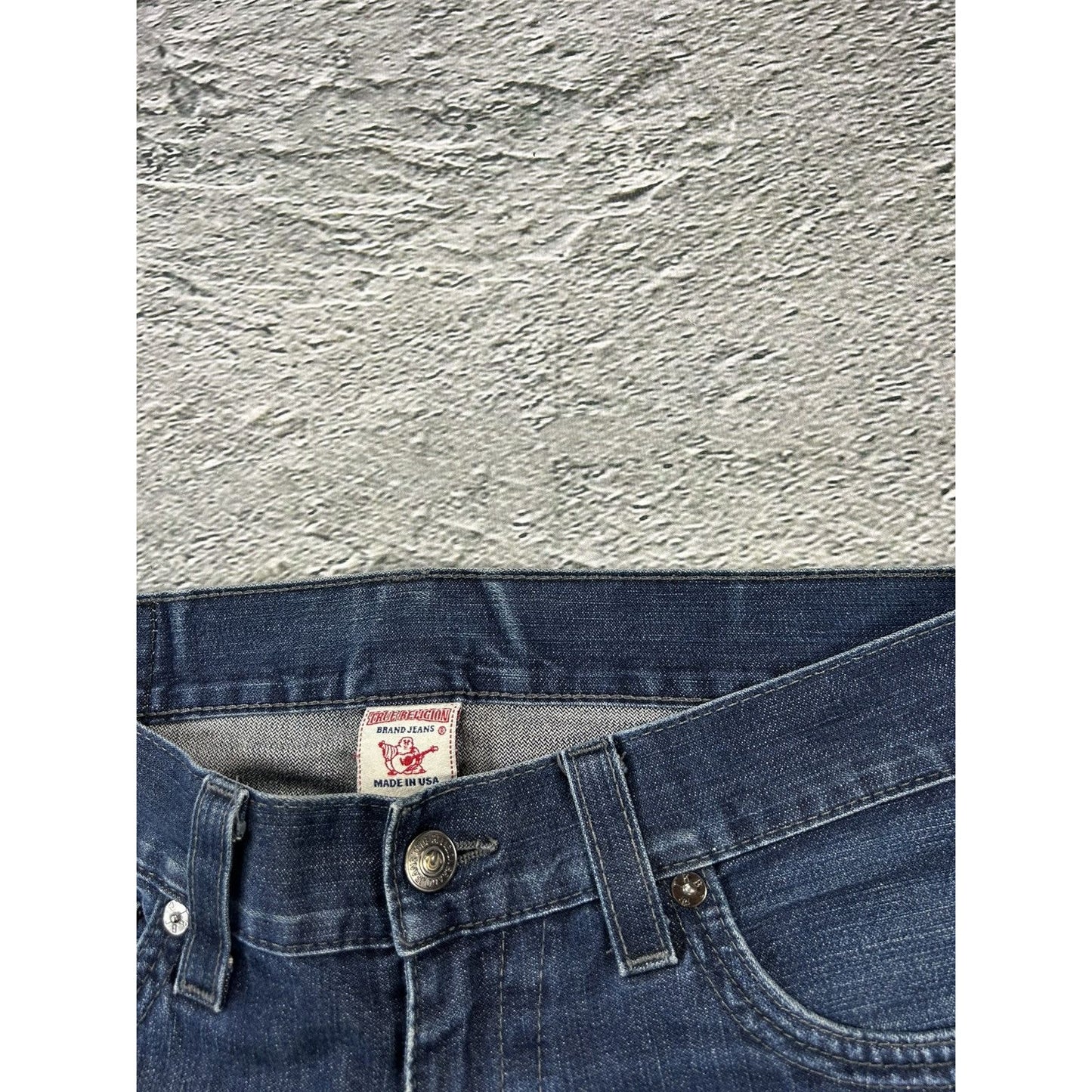 True Religion jorts denim shorts navy black stitching Ricky