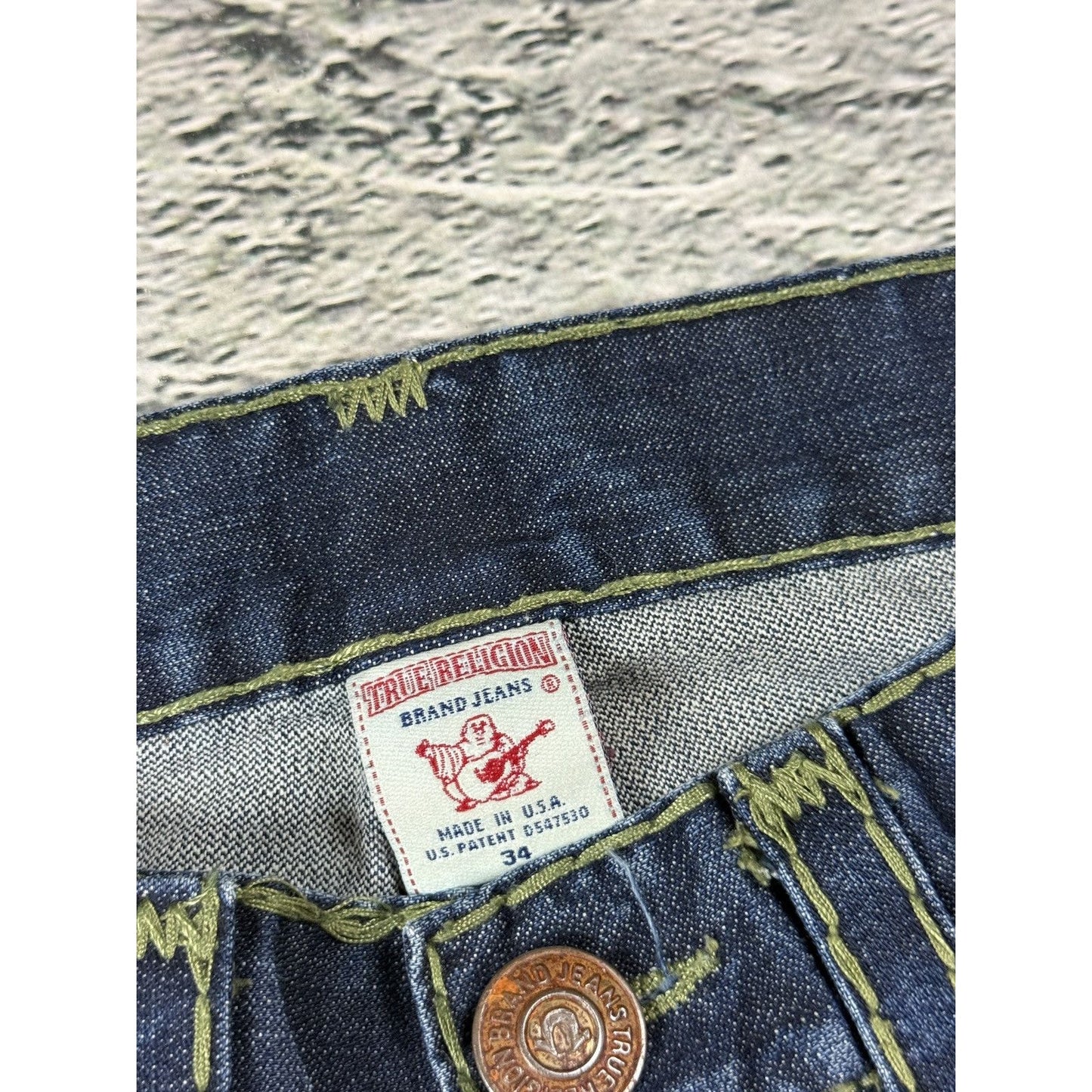 True Religion blue jeans flared bootcut green stitching Joey