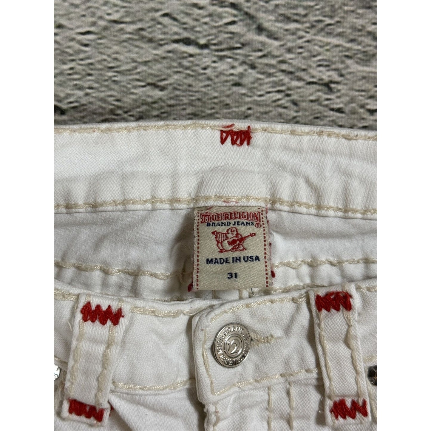 True Religion vintage white jeans slim Stella red stitching