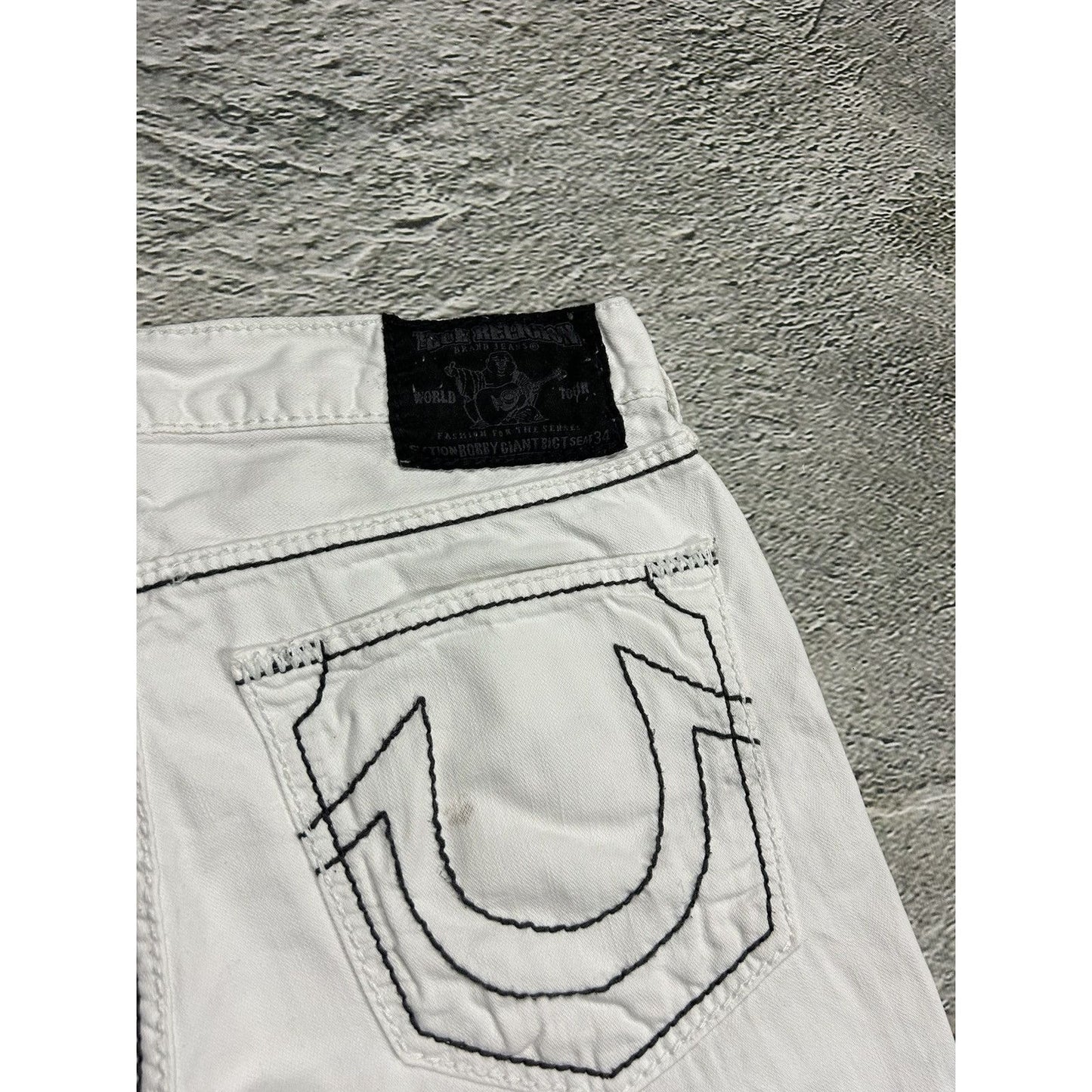 True Religion vintage white jeans denim black stitching Y2K