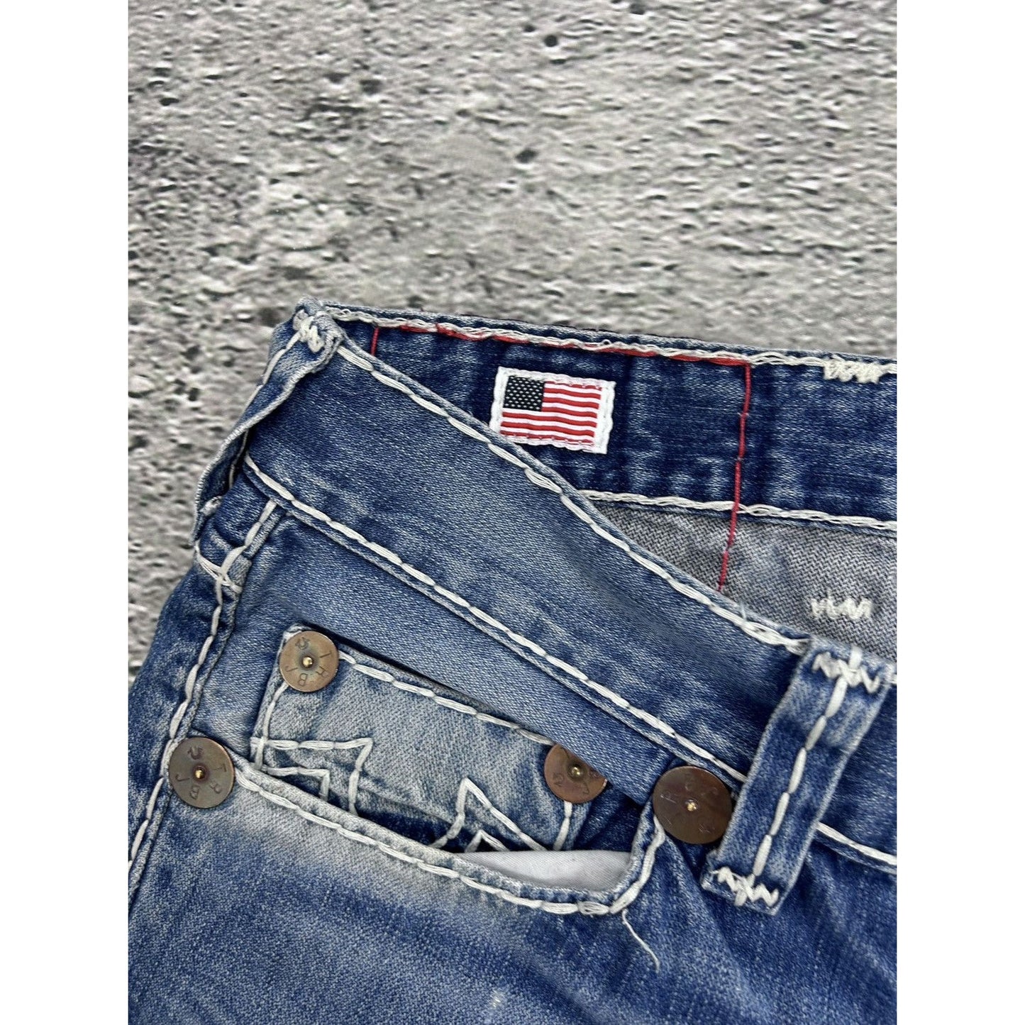 True Religion Blue jeans white thick stitching Bobby