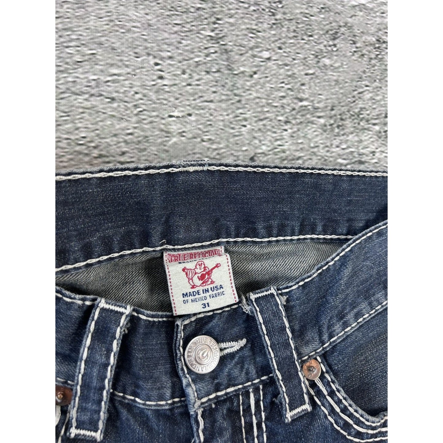 True Religion navy blue jeans white thick stitching straight
