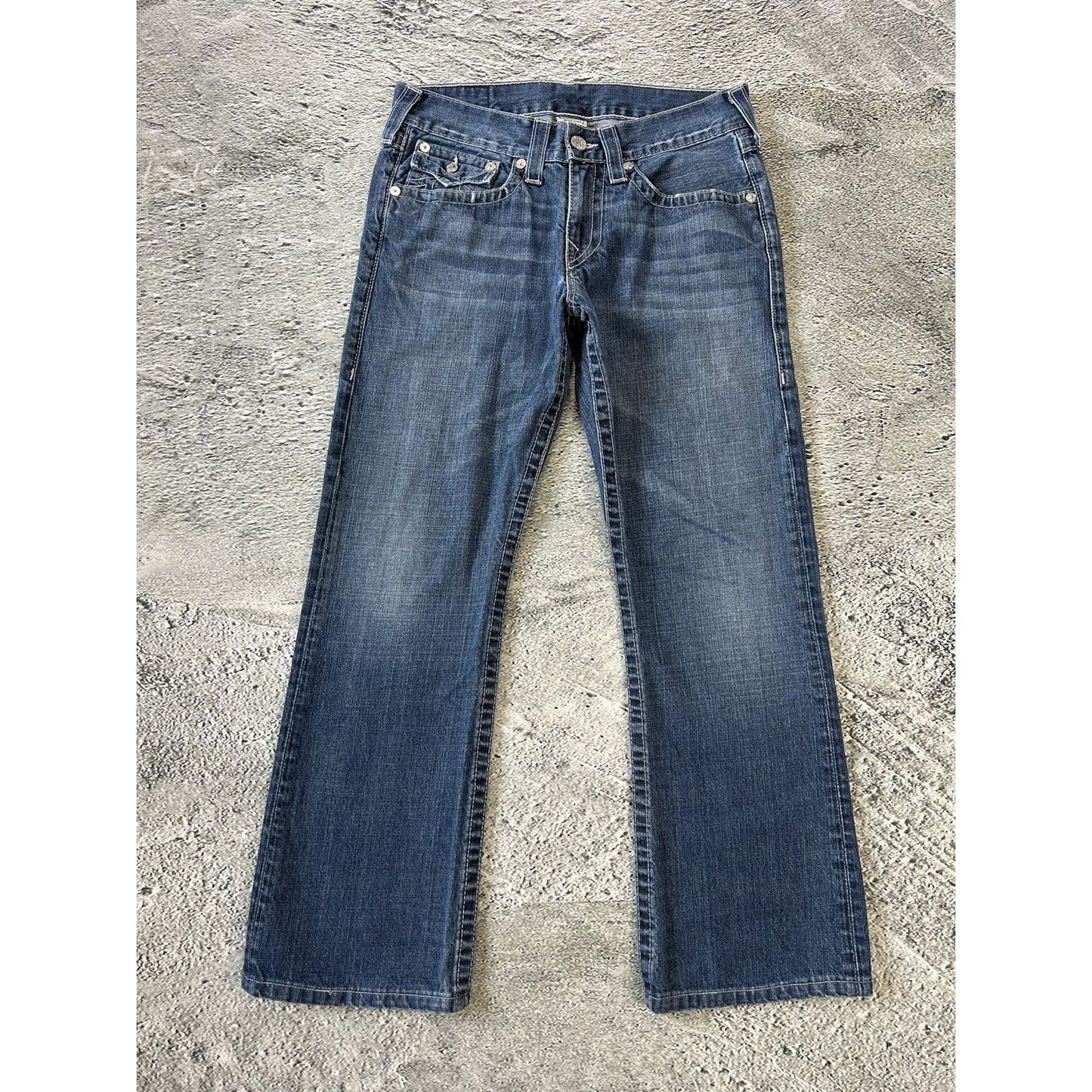 True Religion baby blue jeans white stitching Y2K bootcut