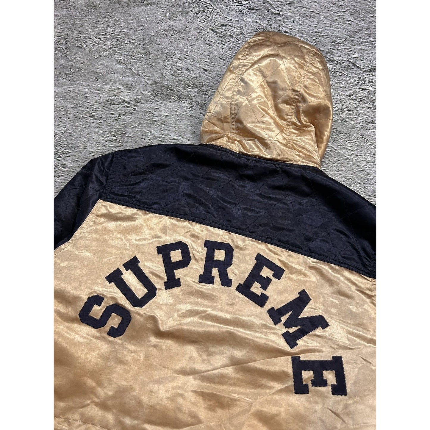 Supreme Quilted Satin Gold/Navy Parka Jacket Big Logo AW14
