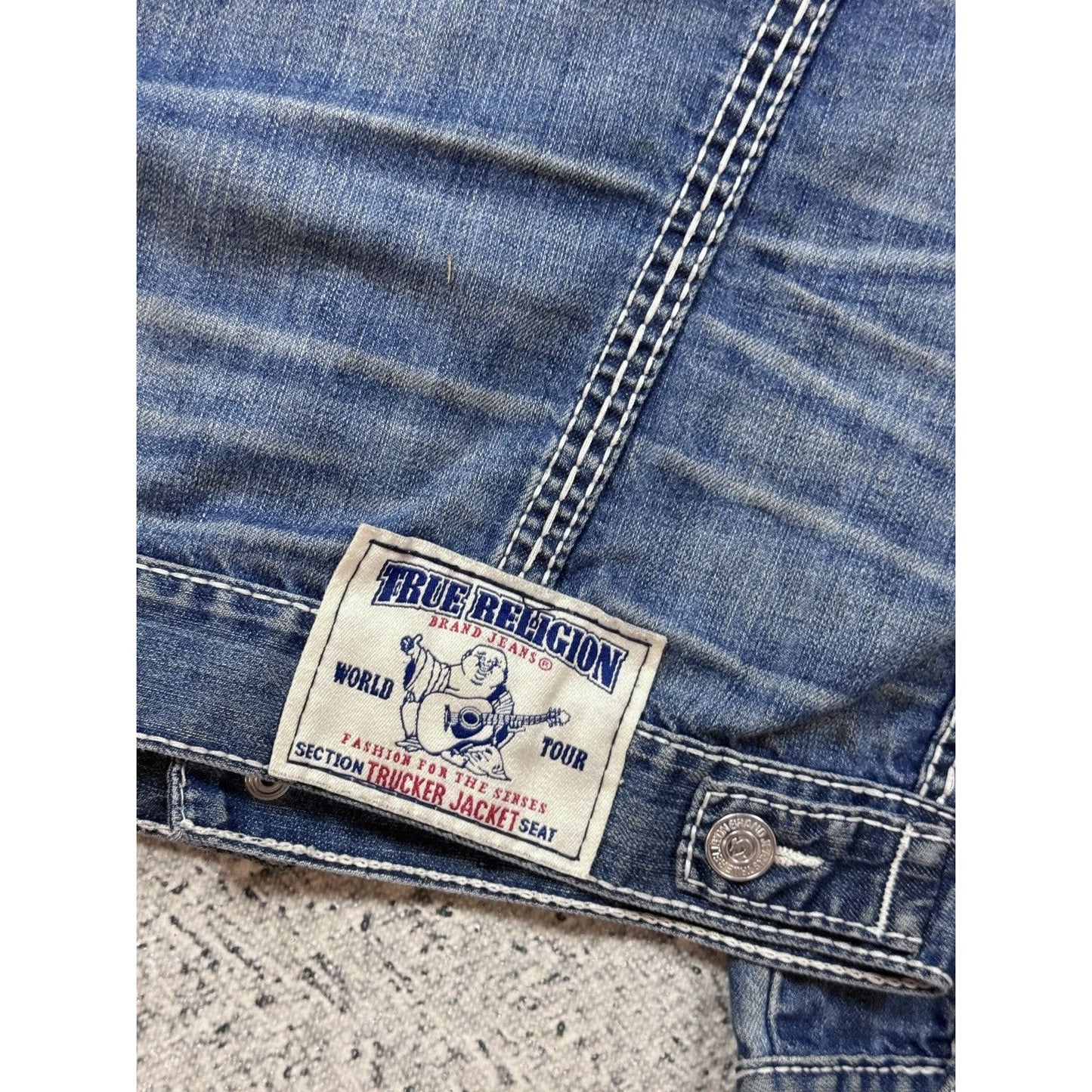 True Religion denim jacket blue white stitching vintage