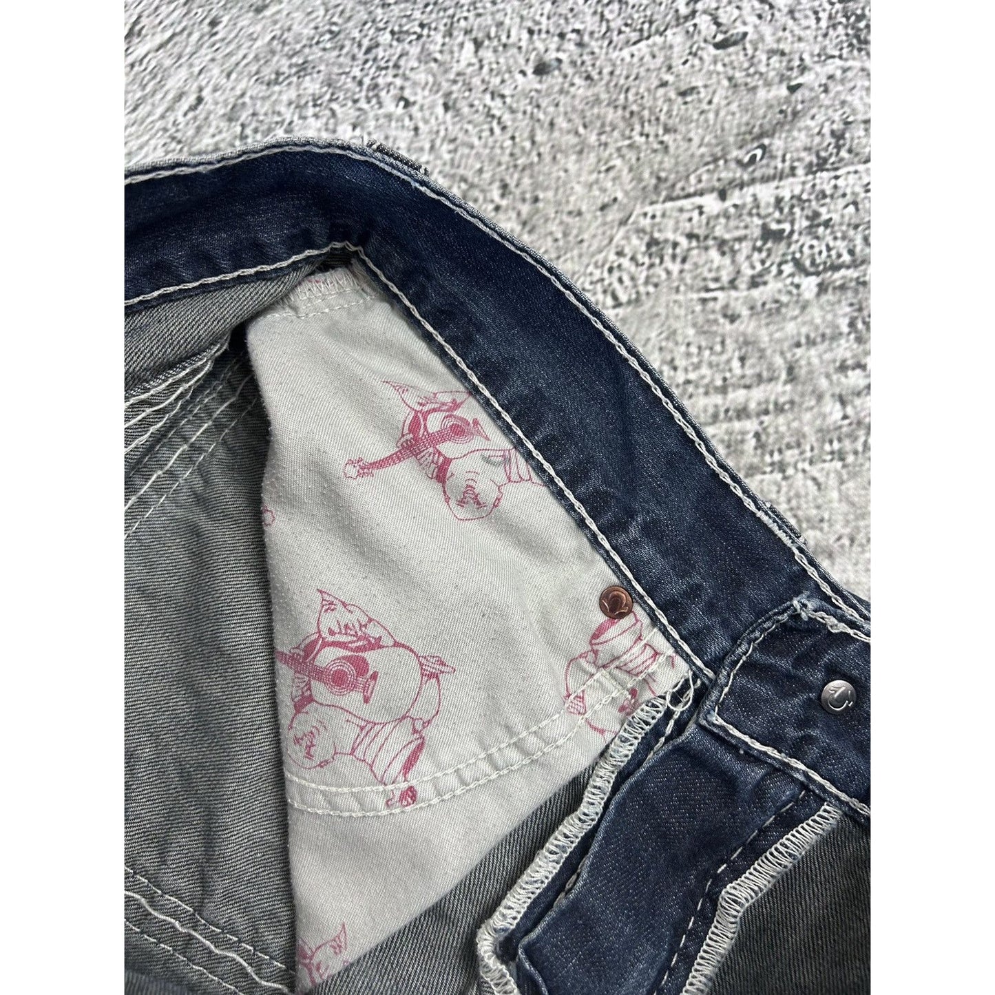 True Religion navy blue jeans white thick stitching straight