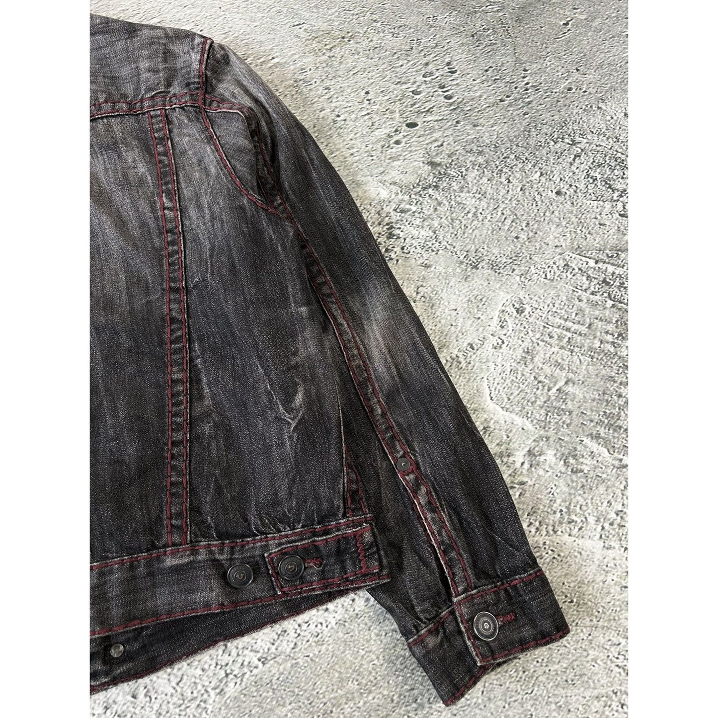 True Religion denim jacket black red contrast stitching Y2K