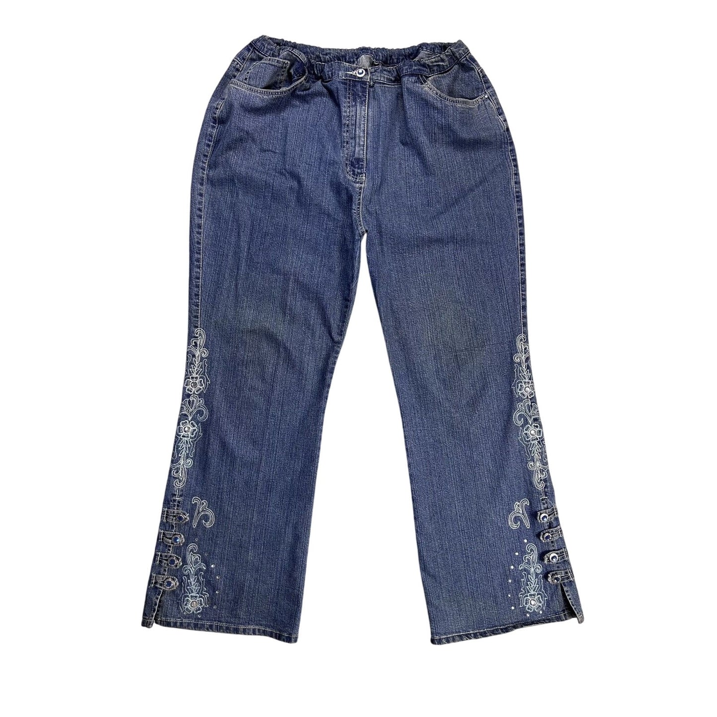 Y2K jeans flared floral embroidery rhinestone