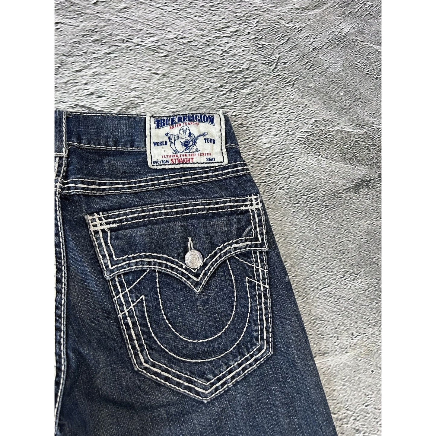 True Religion navy blue jeans white thick stitching straight