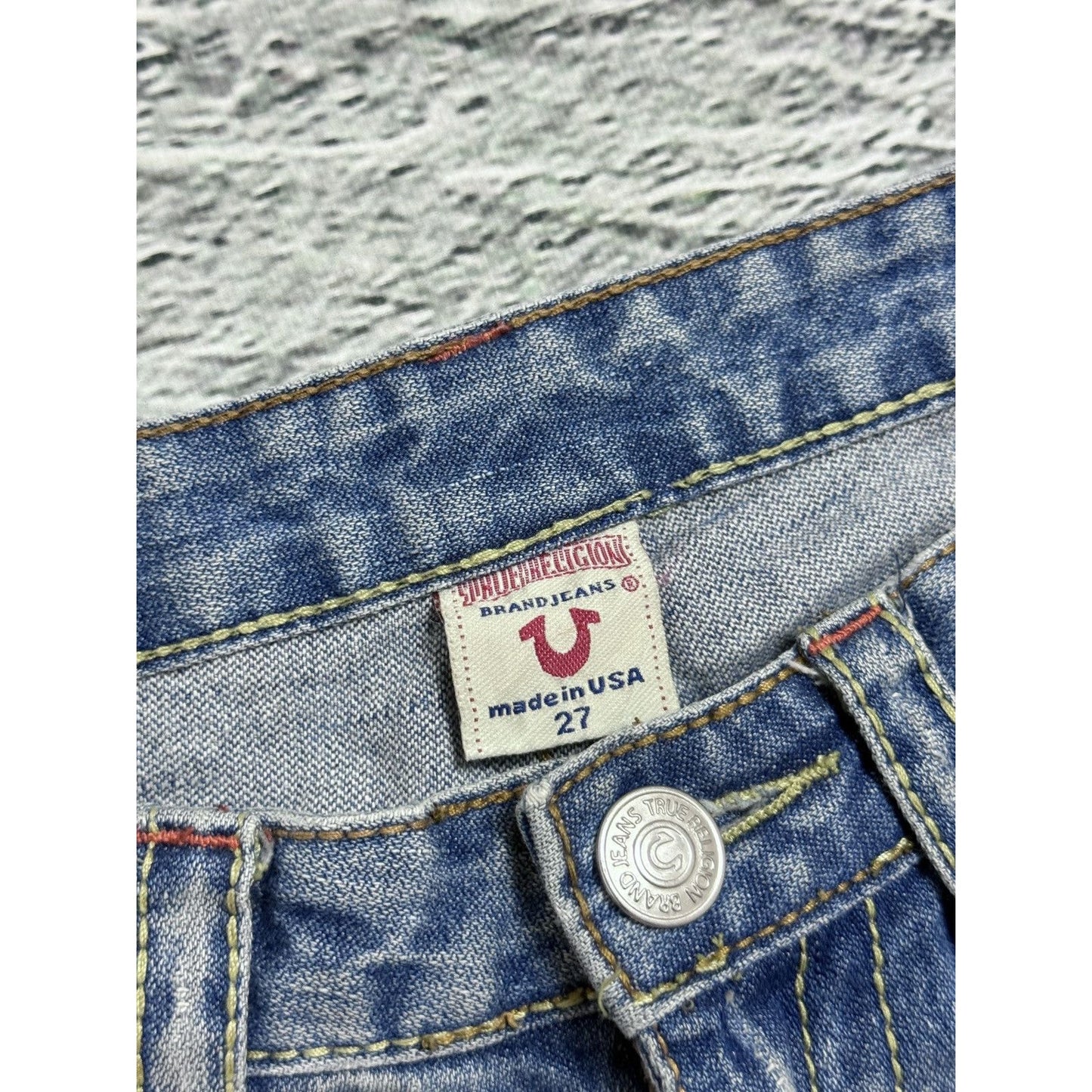 True Religion flared jeans blue white thick stitching Y2K