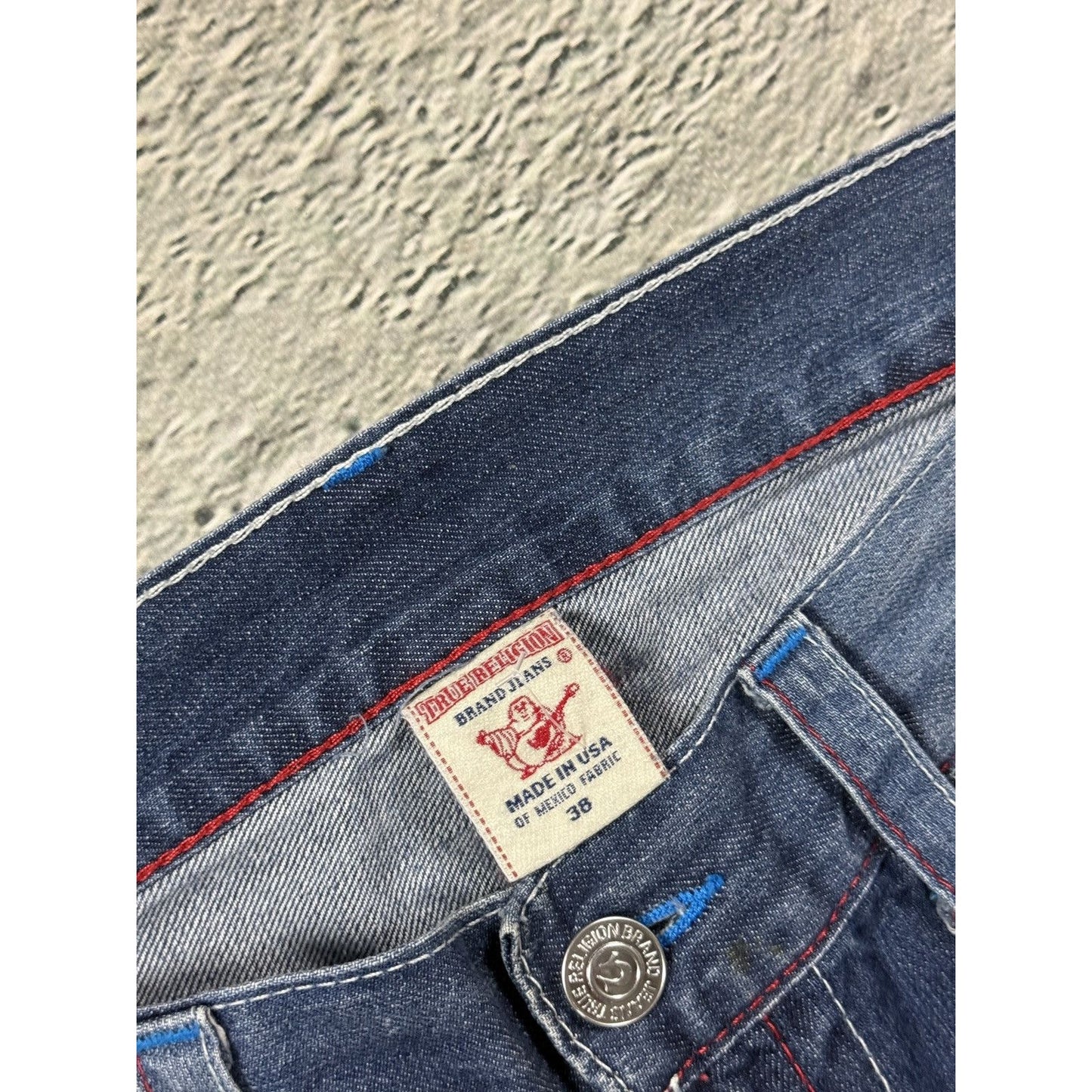 True Religion jorts denim shorts stitching blue red