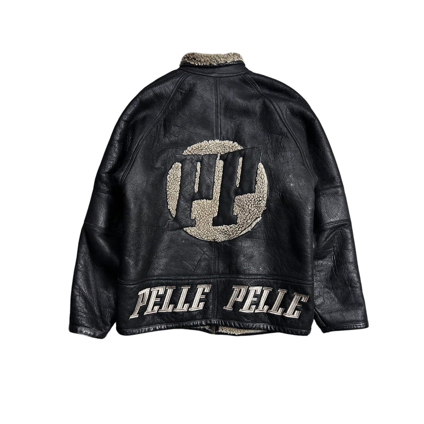 Pelle Pelle leather jacket sherpa fur black big logo 90s